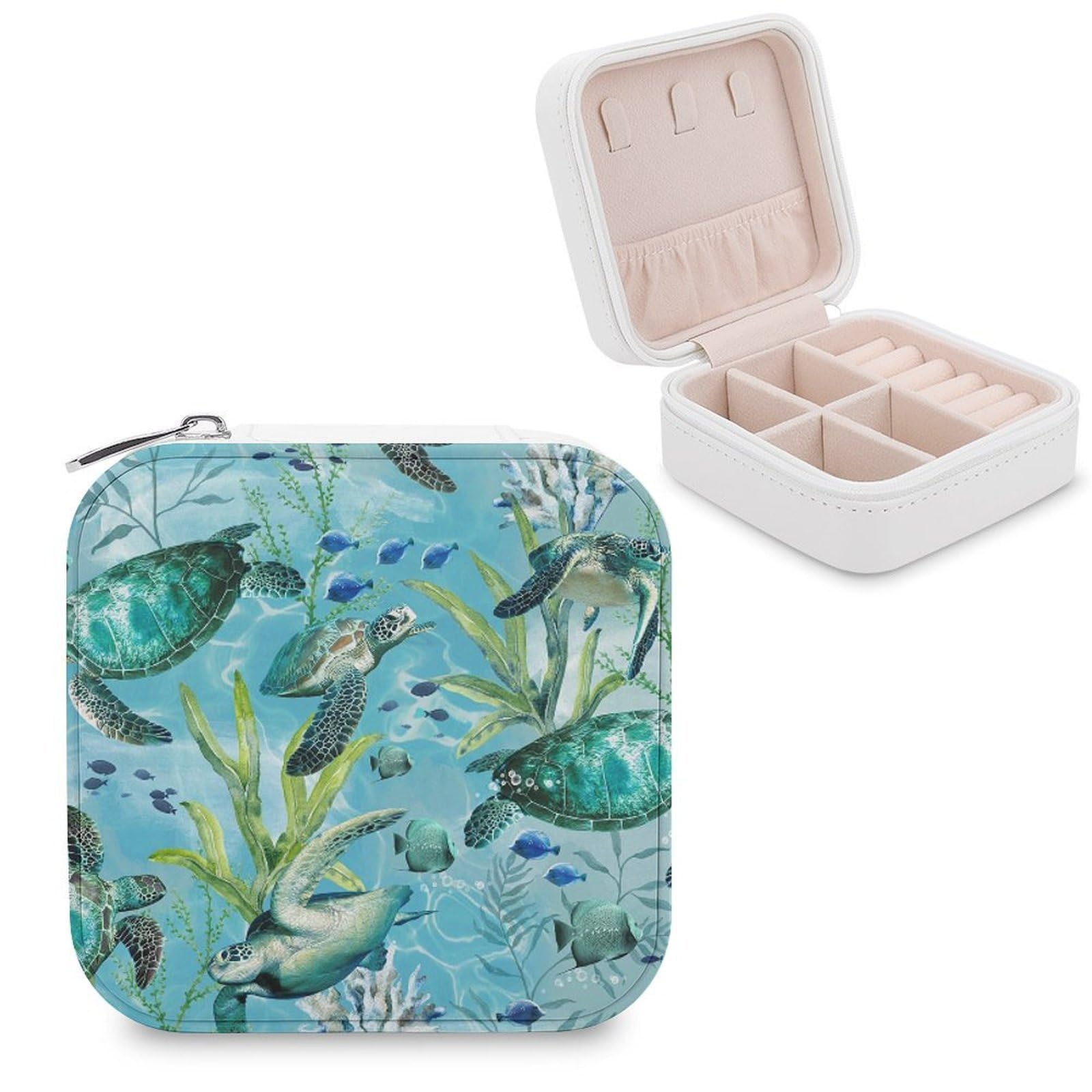 VstaDank Sea Turtle-Blue Travel Jewelry Case Zipper Portable Small Jewelry Box Custom Pu Leather Mini Traveling Jewelry Organizer for Rings Earrings Necklace Bracelet Girls Women