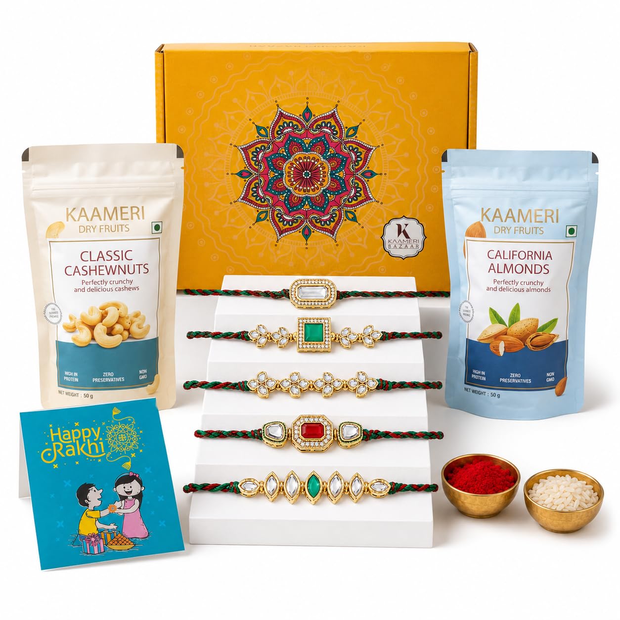 Kaameri Bazaar Rakhshabandhan Gift Hamper Rakhi for Brother - Dry Fruits Combo - Rakhi with Cashewnuts and Almonds - Green Crystal Set of 5-image-32