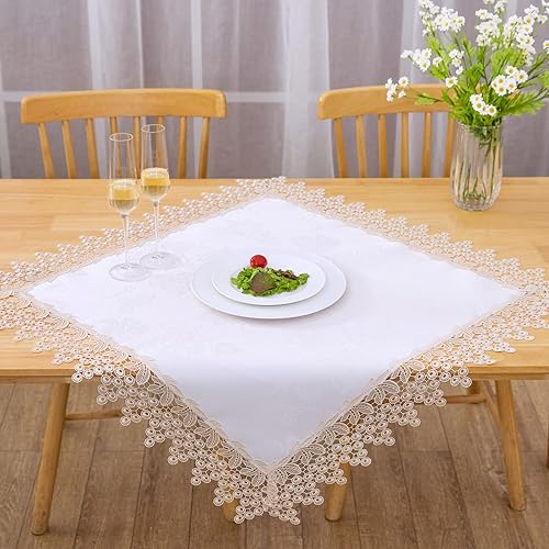 Mantel cuadrado de encaje beige premium para granja, impermeable, a prueba de aceite, a prueba de derrames, antiarrugas, suave, resistente a las