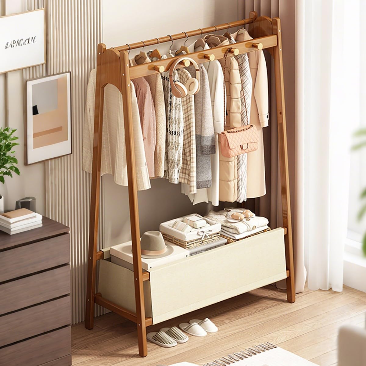 FGXHHS Modern Natural Bamboo Coat Rack Stand - Stylish Floor Standing Cloak with Hooks & Storage Basket Shelf Ideal for Entryway, Hallway, Bedroom, Bathroom Office