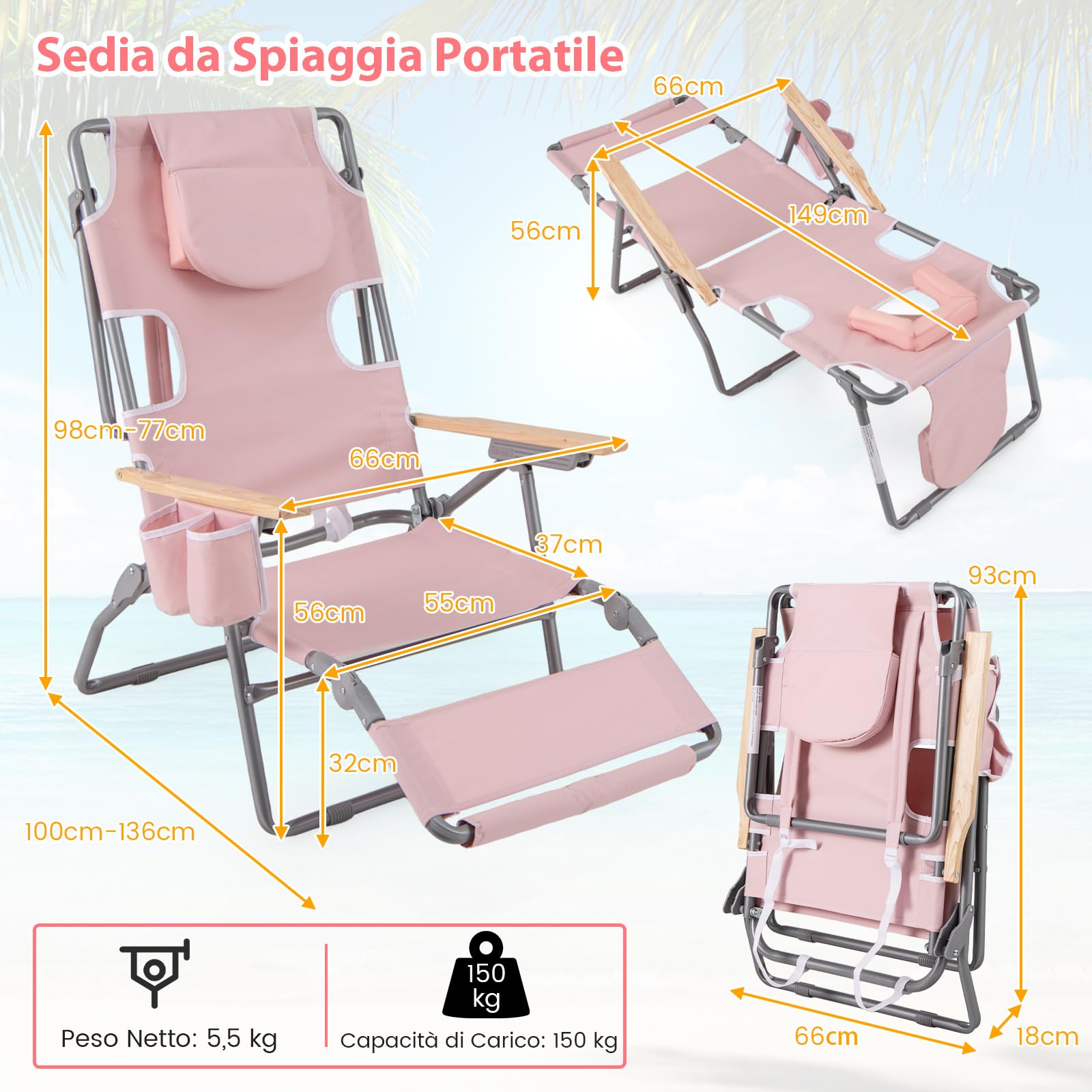 RELAX4LIFE 3 in 1 Sedia da Spiaggia Pieghevole Reclinabile, con Foro per Viso, Poggiapiedi, Porta Asciugamano, Tasche Portaoggetti, Schienale Regolabile, per Spiaggia/Piscina, Portata 150kg (Rosa)