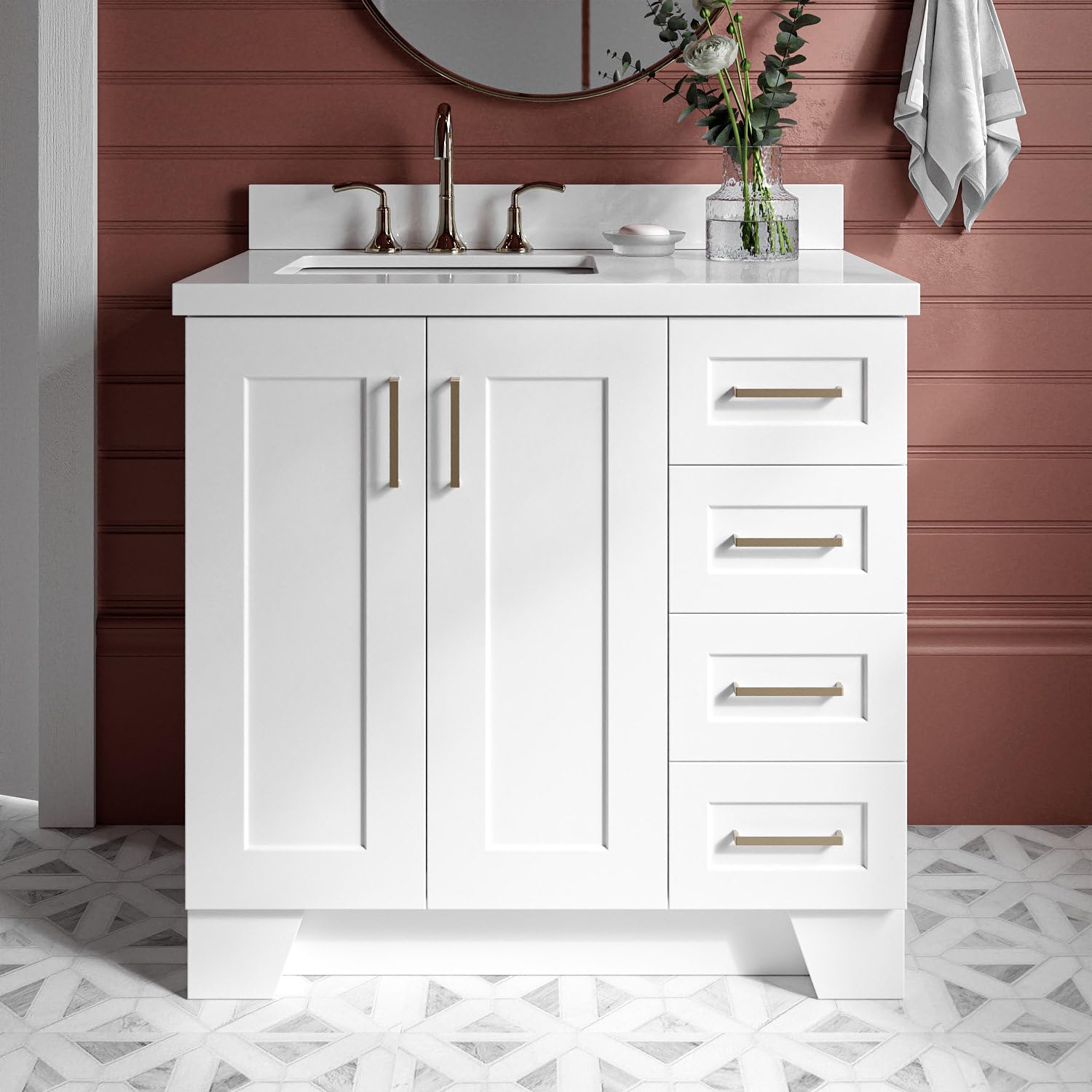 ARIEL Taylor 37 Inch White Bathroom Vanity with Sink, Solid Wood Bathroom Vanity Base Cabinet, White Quartz Countertop 1.5-Inch Edge, Left Rectangular