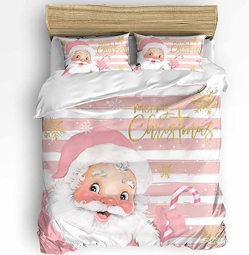 Juego de ropa de cama de Navidad de 3 piezas de Papá Noel rosa, tamaño Queen, juego de funda de edredón suave con cierre de cremallera, juego de