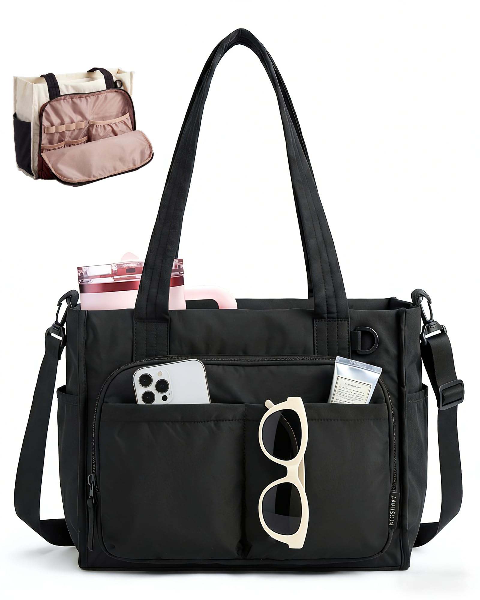 BAGSMART Tote Bag for Women Work, Puffy Travel Tote Handbag Gift for Teacher & Nurse | Medium-13" laptop, w/ 30oz cup holder, Large-15.6" laptop, w/ 40oz cup holder, For campus, work, mothers day gifts — view 10