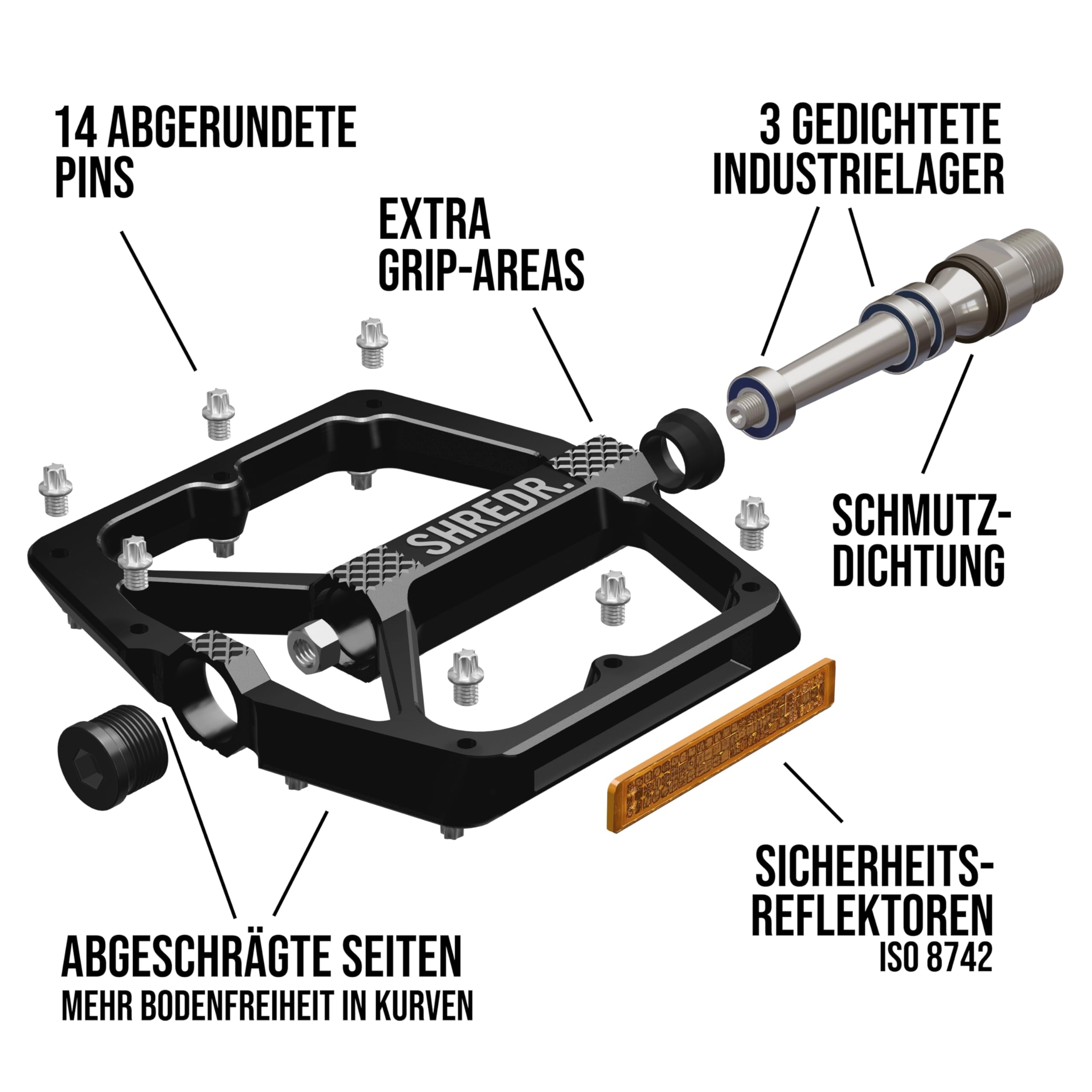 Shine Pedale für MTB | Hochwertige Flatpedals fürs Mountainbike | Mit Reflektoren (StVZO konform) | 2 Größen
