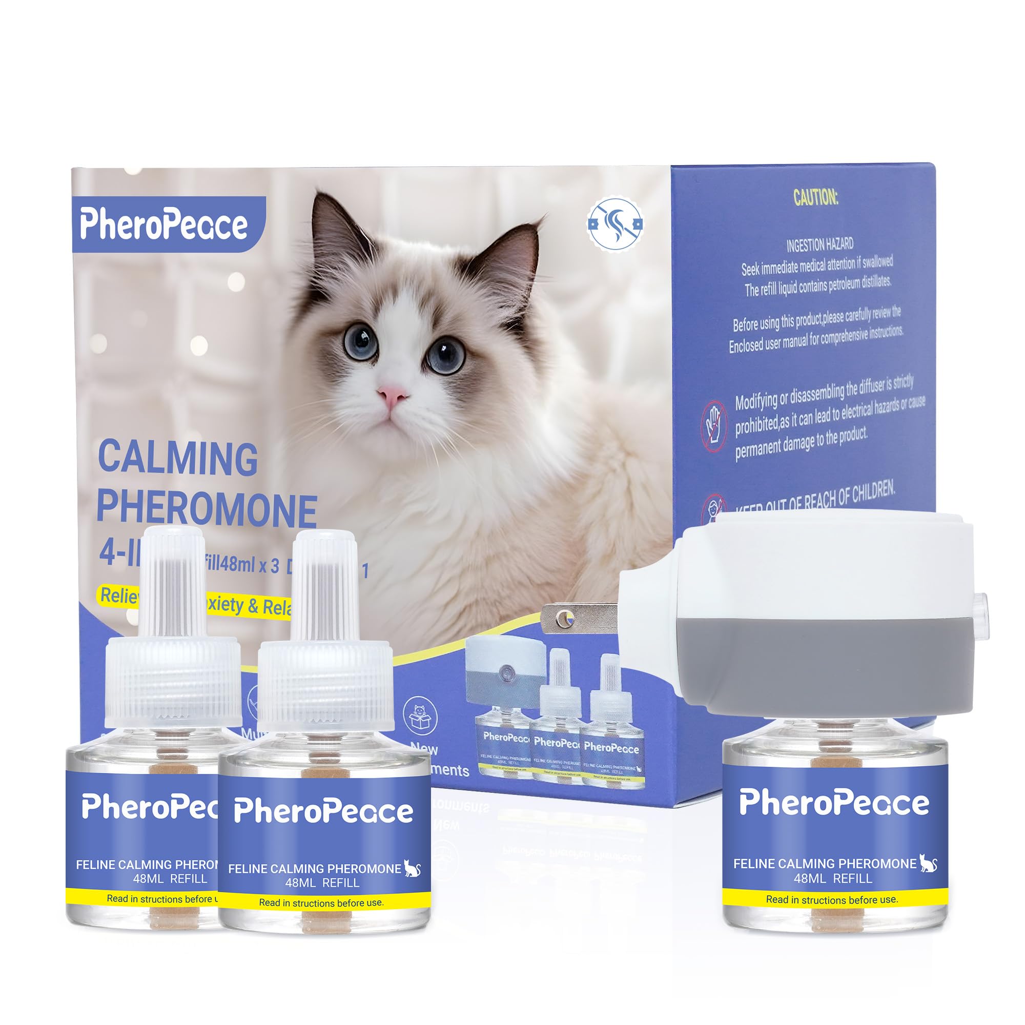 Cat Calming Diffuser Kit (1 Diffuser + 3 Refills, 48ml Each) Cat Pheromones Calming Diffuser for Multi-Cat Conflict, Urine Marking & Scratching
