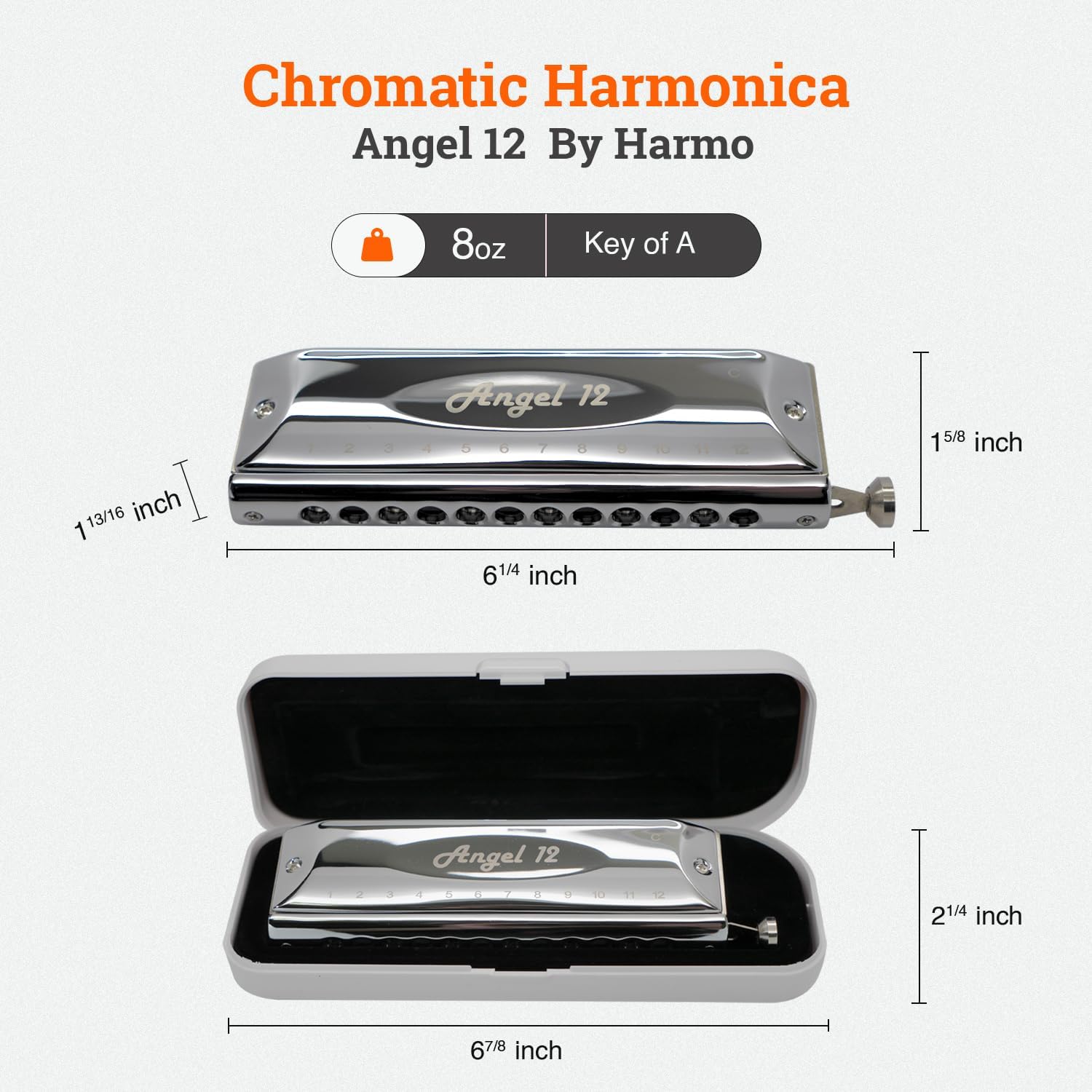 Harmo Angel 12 Chromatic Harmonica Key of A - 12 Hole Mouth Organ with Precision Slider, Phosphore Bronze Reeds, Suitable for All Genres - Harmonicas for Beginners to Professionals, Designed in USA