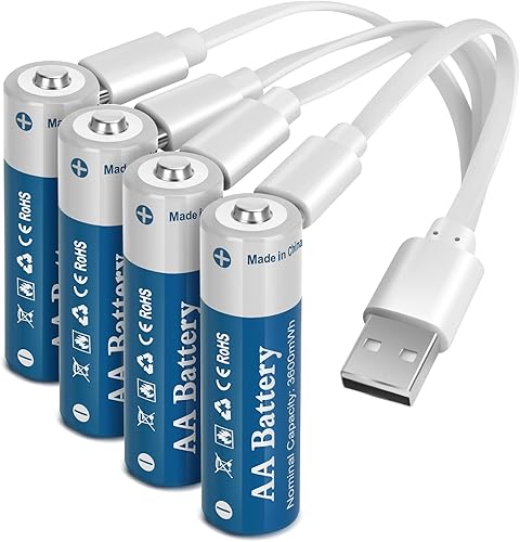 Paquete de 4 baterías AA recargables de litio de 3600 mWh con cable de carga USB, batería doble A de 1.5 V de larga duración para dispositivos
