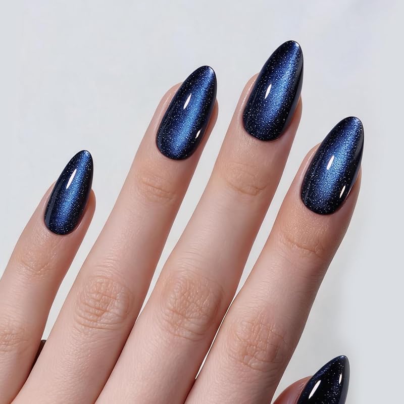 VSALON Press on Nails Short Almond Blue Cat Eye Gel Nails | Reusable Salon Quality Opaque Rich Sapphire-Inspired Color Creates A Bold Yet Elegant Look For Seasonal Styling