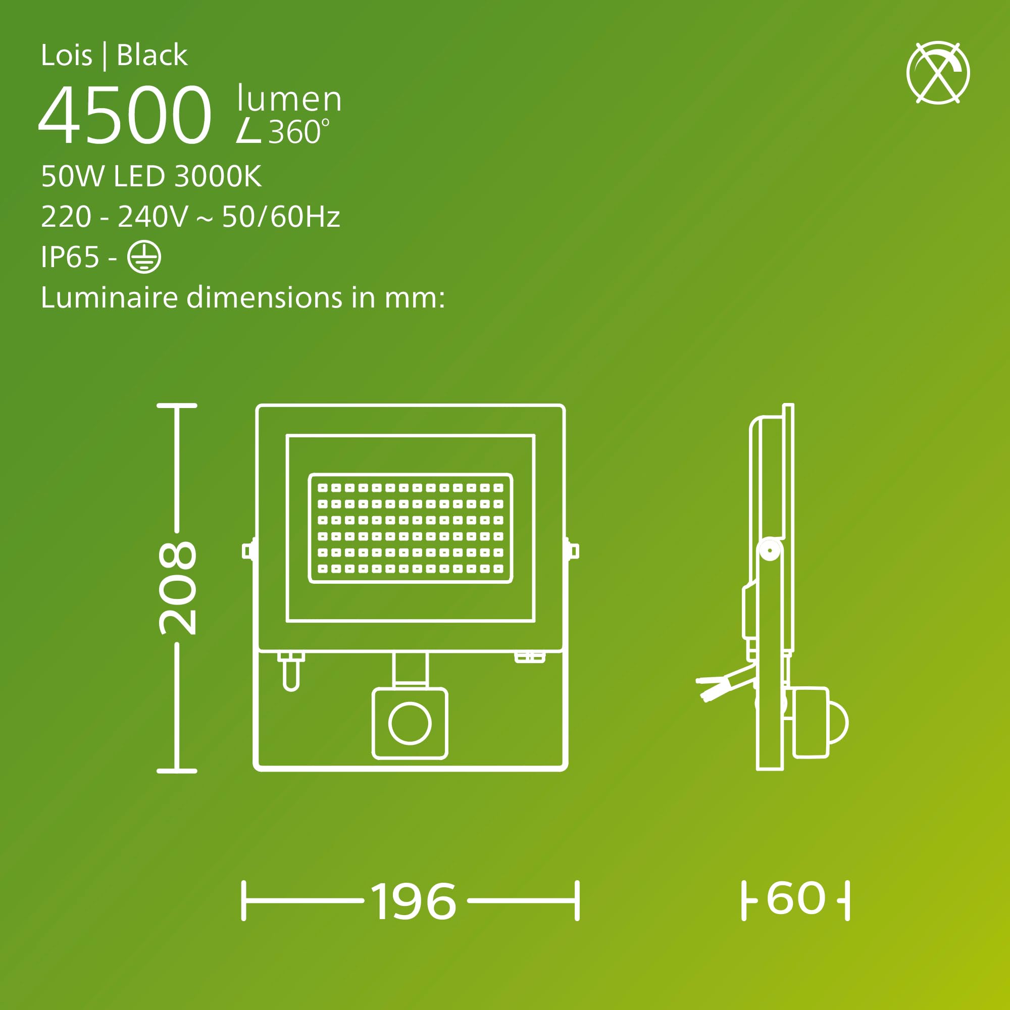 PHILIPS Lois Outdoor Floodlight with Sensor, 50 W, 3000 K, Black, White Light, 50W - Image 3