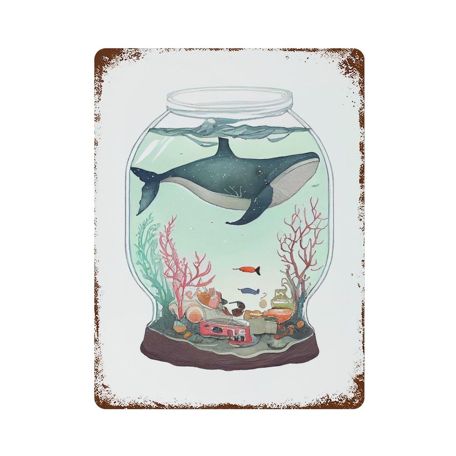 Mini Whale in Aquarium Weathered Tin Sign 15.7"x11.8", Novelty Wall Decor for Garage, Pub Or Kitchen