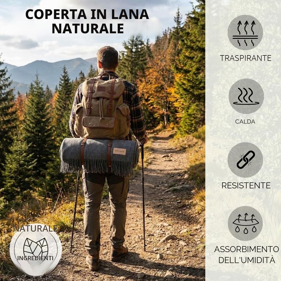 Menique Coperta MILANO 100% Lana 125x180 cm Grigio Scuro - Plaid Extra Fine Spessa per Autunno
