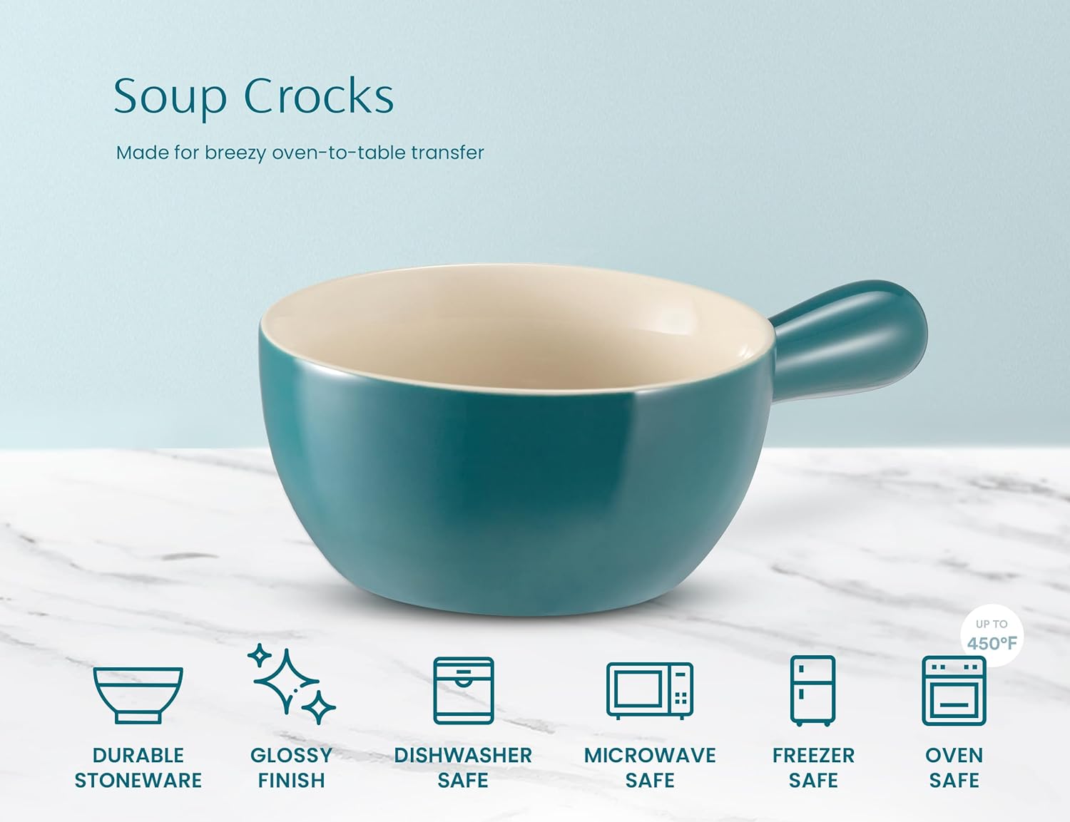 Kook French Onion Soup Crocks, Stackable Ceramic Bowls with Handles, Broil, Oven, Microwave and Dishwasher Safe, for Cereal, Soups, Casseroles, with Handle, 24 Oz, Set of 4, Teal Ombre