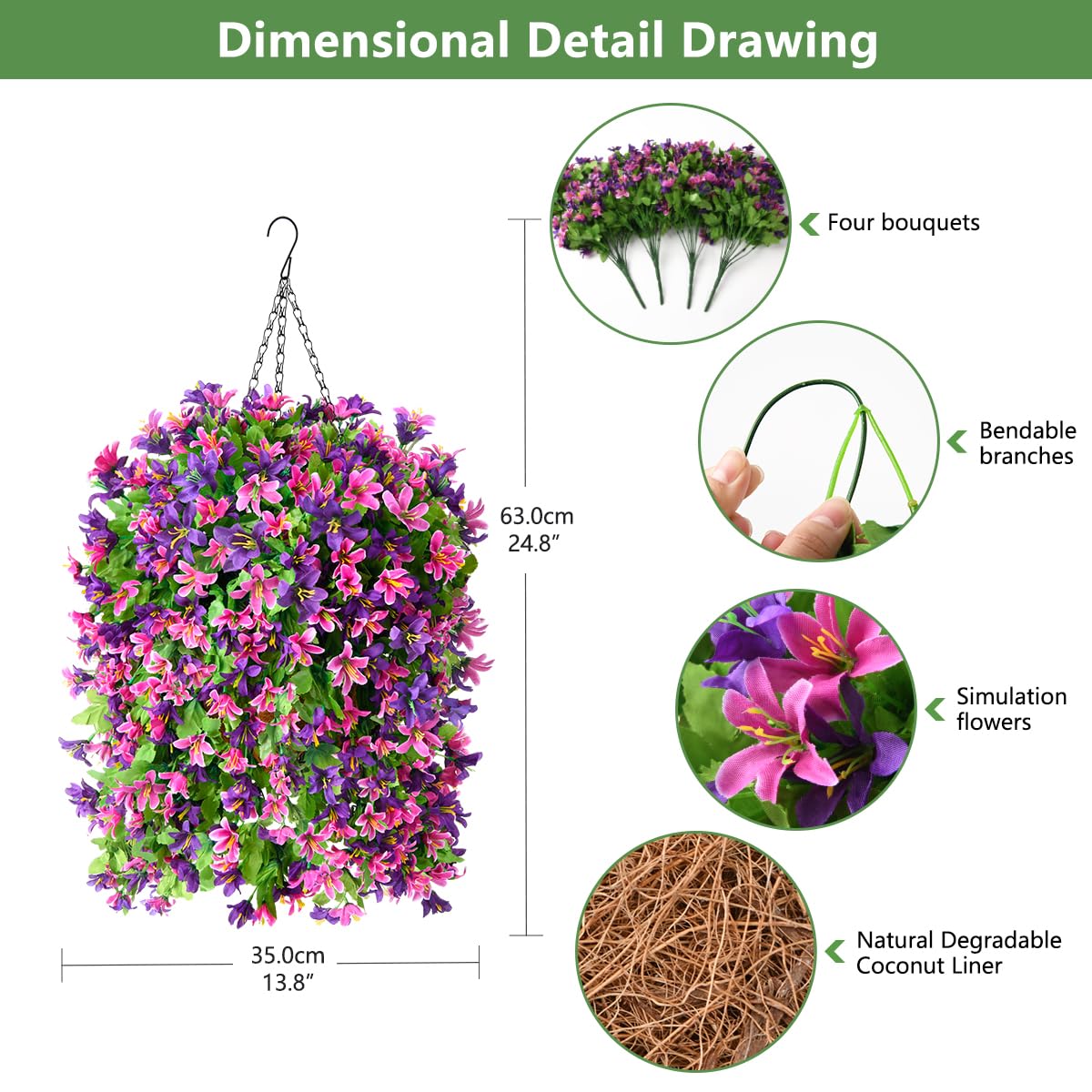 INQCMY Lot de 4 Fleurs artificielles Violettes à Suspendre dans Un Panier pour décoration extérieure, Bouquet de Fleurs Violettes en Soie synthétique résistant aux UV pour l'été, la Maison, la