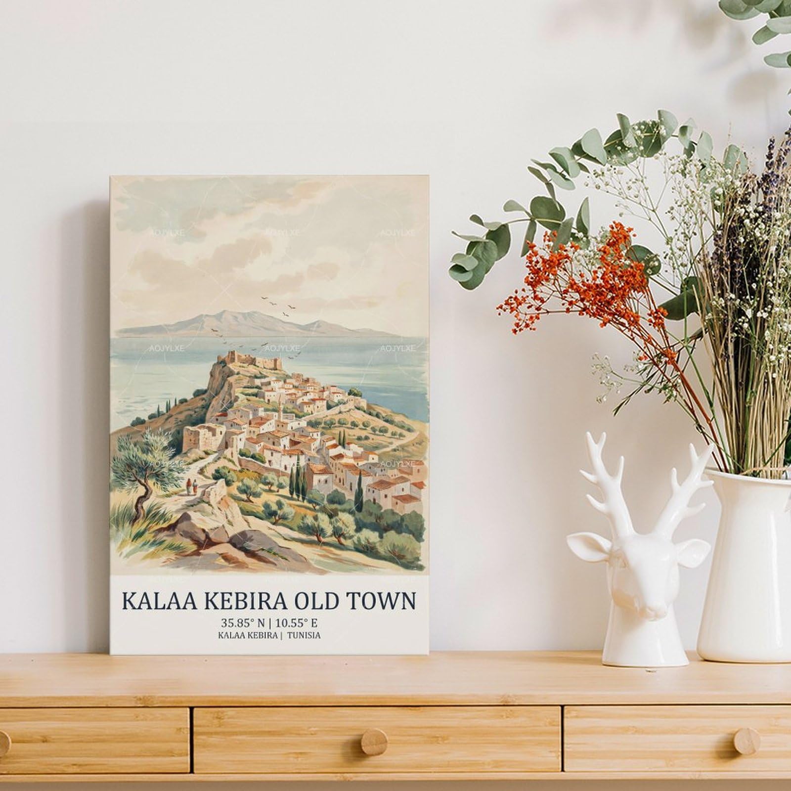 AOJYLXE Kalaa Kebira Old Town Tunisia Watercolor Travel Poster 61x91,4 cm