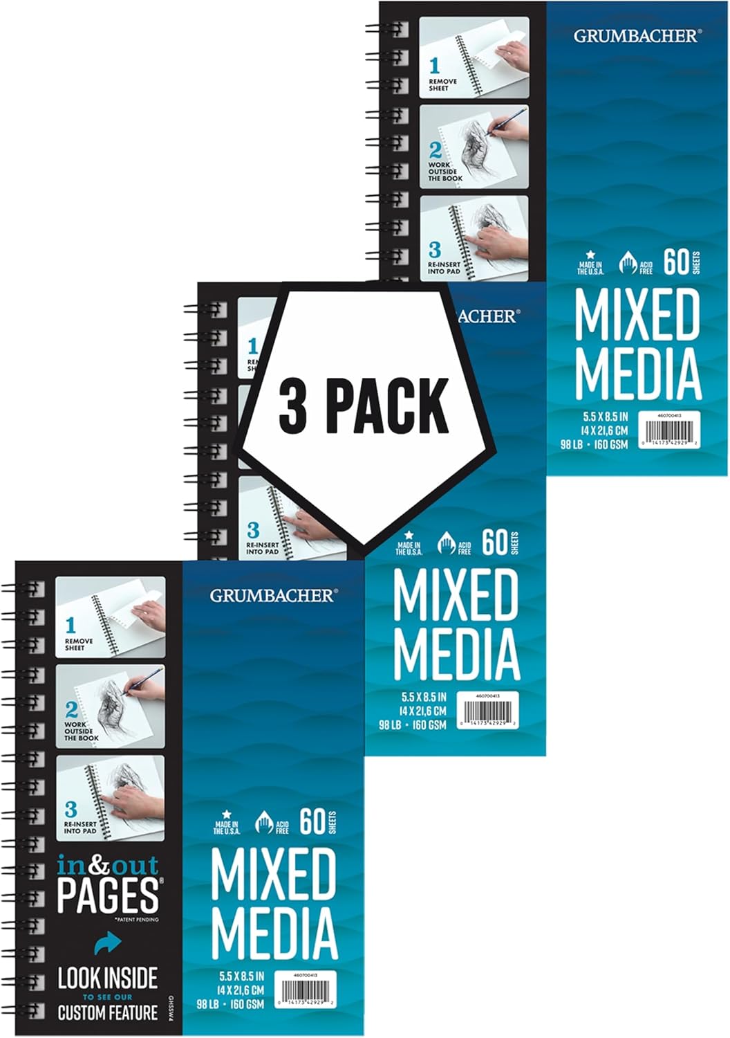 Grumbacher 5.5" x 8.5" Mixed Media Paper Pad with in & Out Pages, 98 lb. / 160 GSM, Side Wire Bound, 60 White Sheets/Pad, 3-Pack