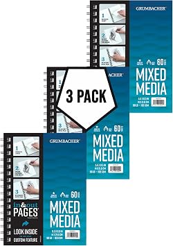 Grumbacher 5.5" x 8.5" Mixed Media Paper Pad with in & Out Pages, 98 lb. / 160 GSM, Side Wire Bound, 60 White Sheets/Pad, 3-Pack
