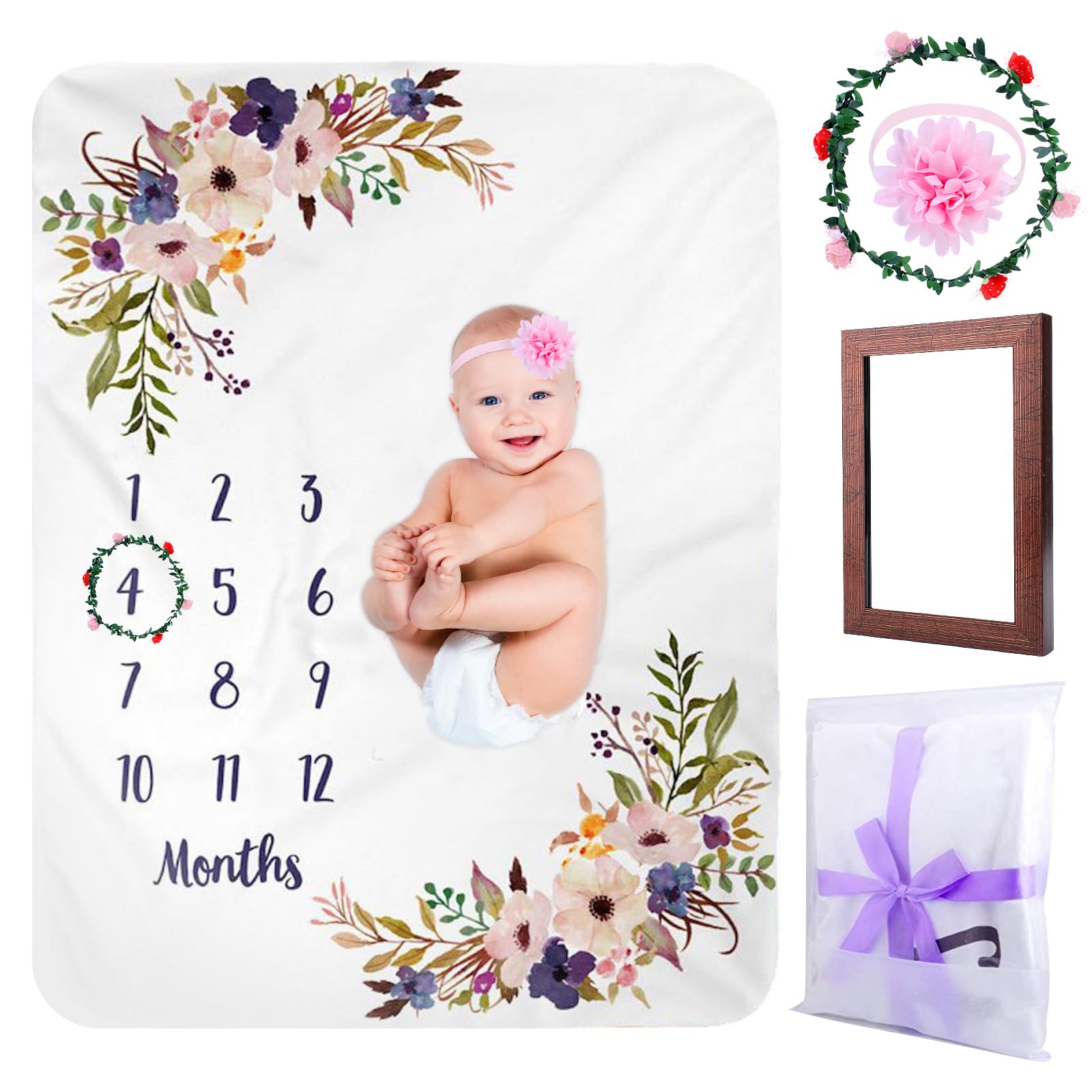 BYZESTY Manta para bebé con estampado floral, manta de hitos para bebé, manta mensual, manta para bebé niño y niña, manta para bebé con mes como regalo para nacimiento, 130 x 100 cm