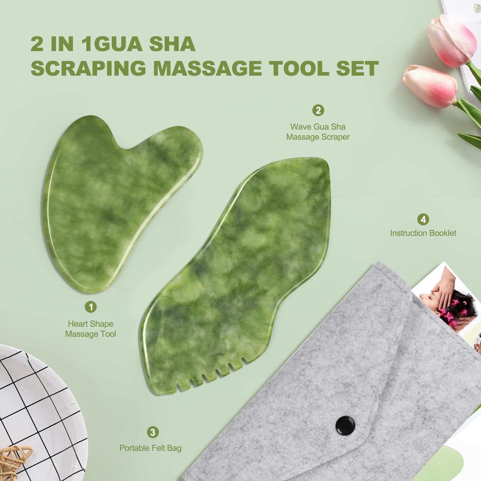 AIROGYM Set di 2 strumenti per il viso Gua Sha, in pietra di giada, pettine per il viso, strumenti per la cura della pelle, corpo e viso, gua sha, per rassodare il drenaggio linfatico della pelle