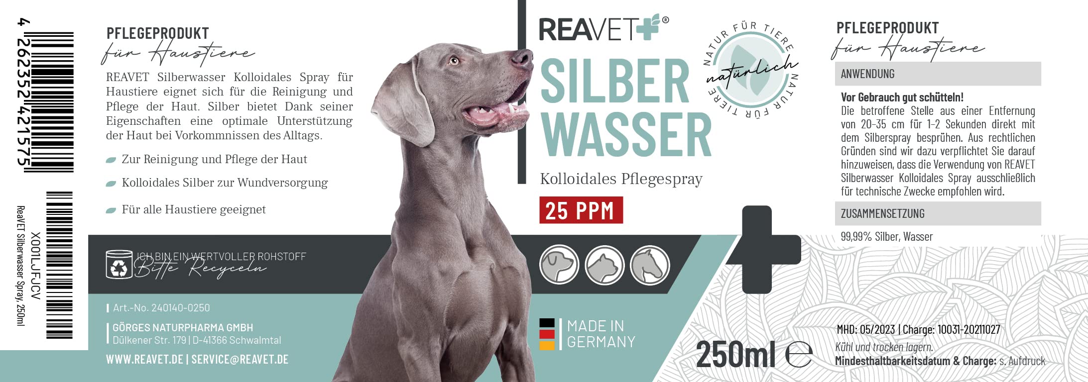 ReaVET Koloidalny spray srebrny dla psa 250 ml – spray na rany dla zwierząt, psów, kotów, koni, aluminium srebrny, plaster natryskowy, dezynfekcja ran