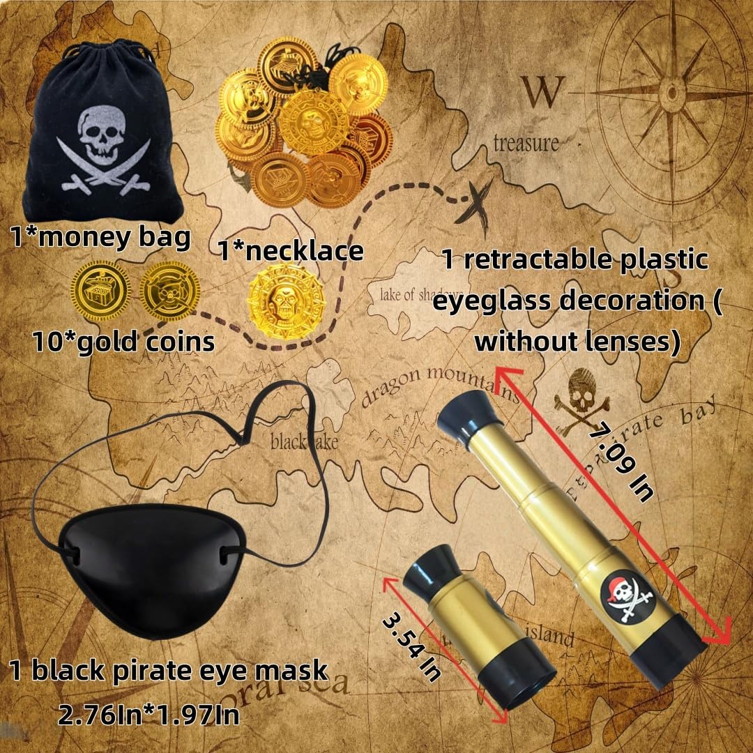 9PCS Pirate Costume Accessories Women with Head Scarf Wrap Pirate Eye Patch Sash Belt Necklace,Bracelet,Binocular,Coins - Image 5