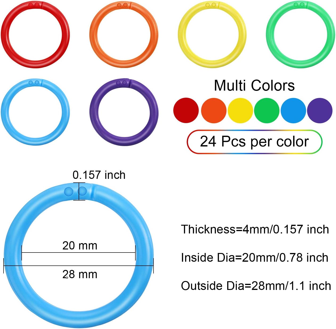 144 Pieces Plastic Binder Rings Plastic Loose Leaf Rings Multi-Color Plastic Book Rings Flexible for Cards, Document Stack and Swatches Organization School Home, or Office Use, 6 Colors (20 mm)