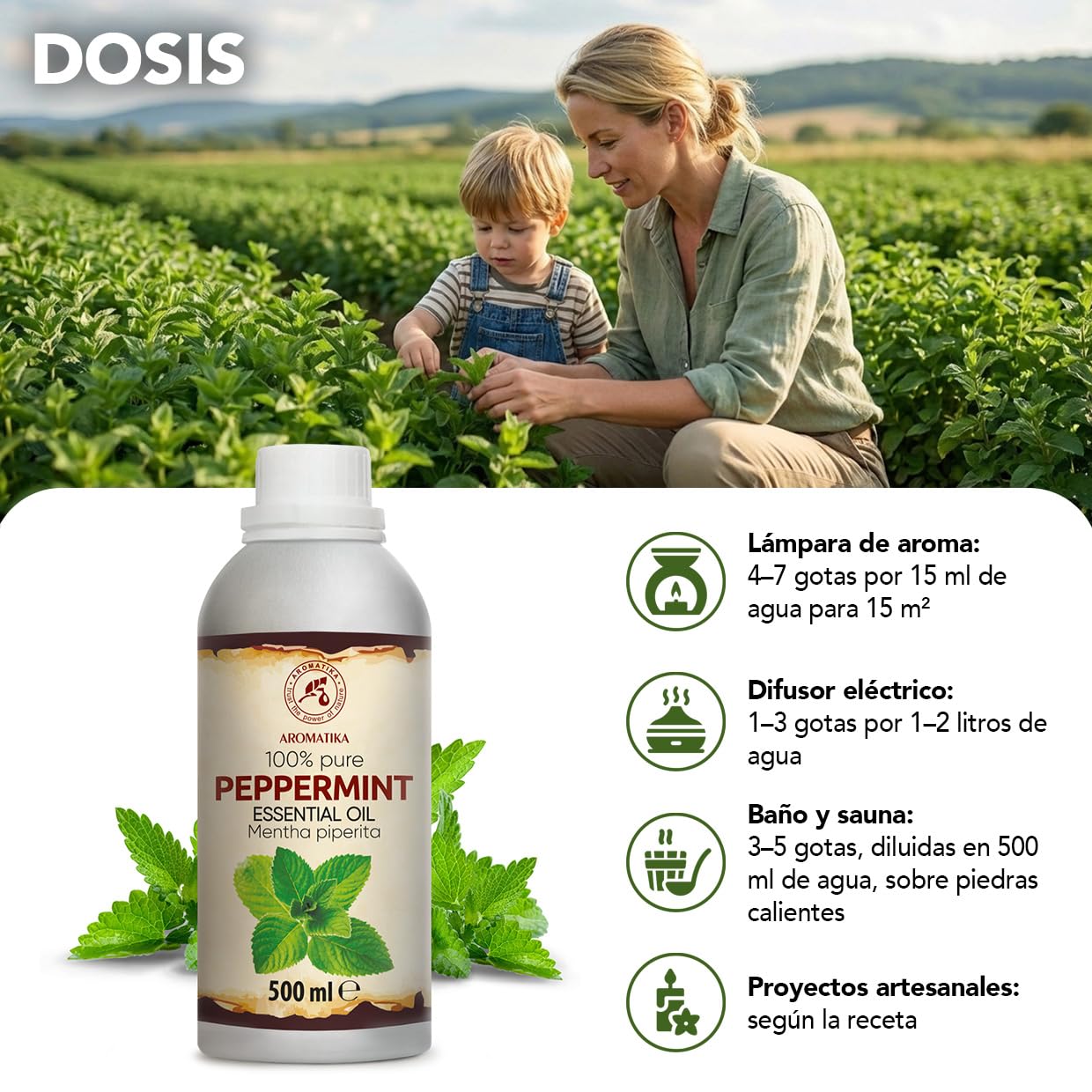Aceite Esencial de Menta Piperita 500 ml - para Difusores y Aromaterapia | Jabones y velas; aroma a menta; uso para lámparas aromáticas y difusores; fragancias para el hogar; ambiente aromático