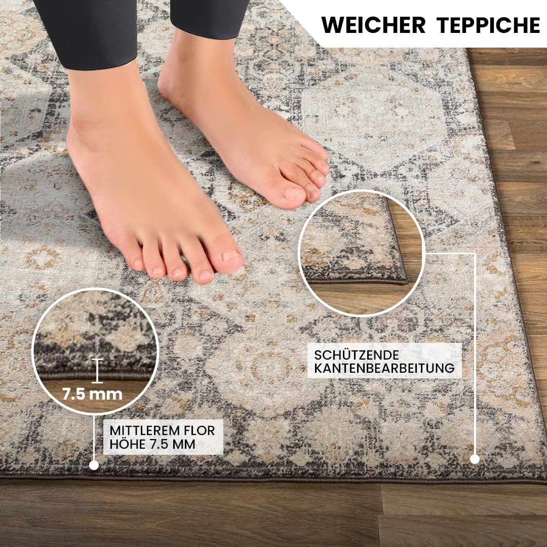 Livabliss Djelfa Vintage Teppich groß - Orientalischer Teppich Wohnzimmer 200x275 cm, Esszimmer, Schlafzimmer - Boho Kurzflor Teppiche für einfache Pflege - Schwarz, Grau, Senfgelb, Beige