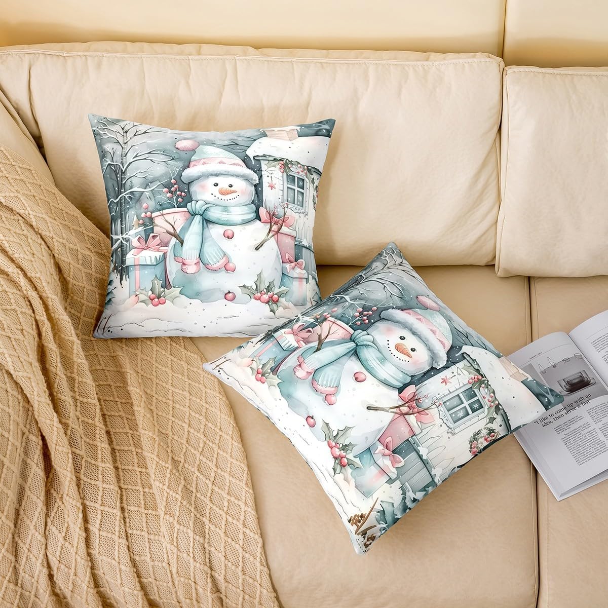 Merry Christmas Throw Pillow Cover Cute Snowman Xmas Gifts Print Kids Pillow Case for Living Room Bedroom Red Blue Watercolor Winter Home Decor Cushion Cover 18x18 Inch image 2
