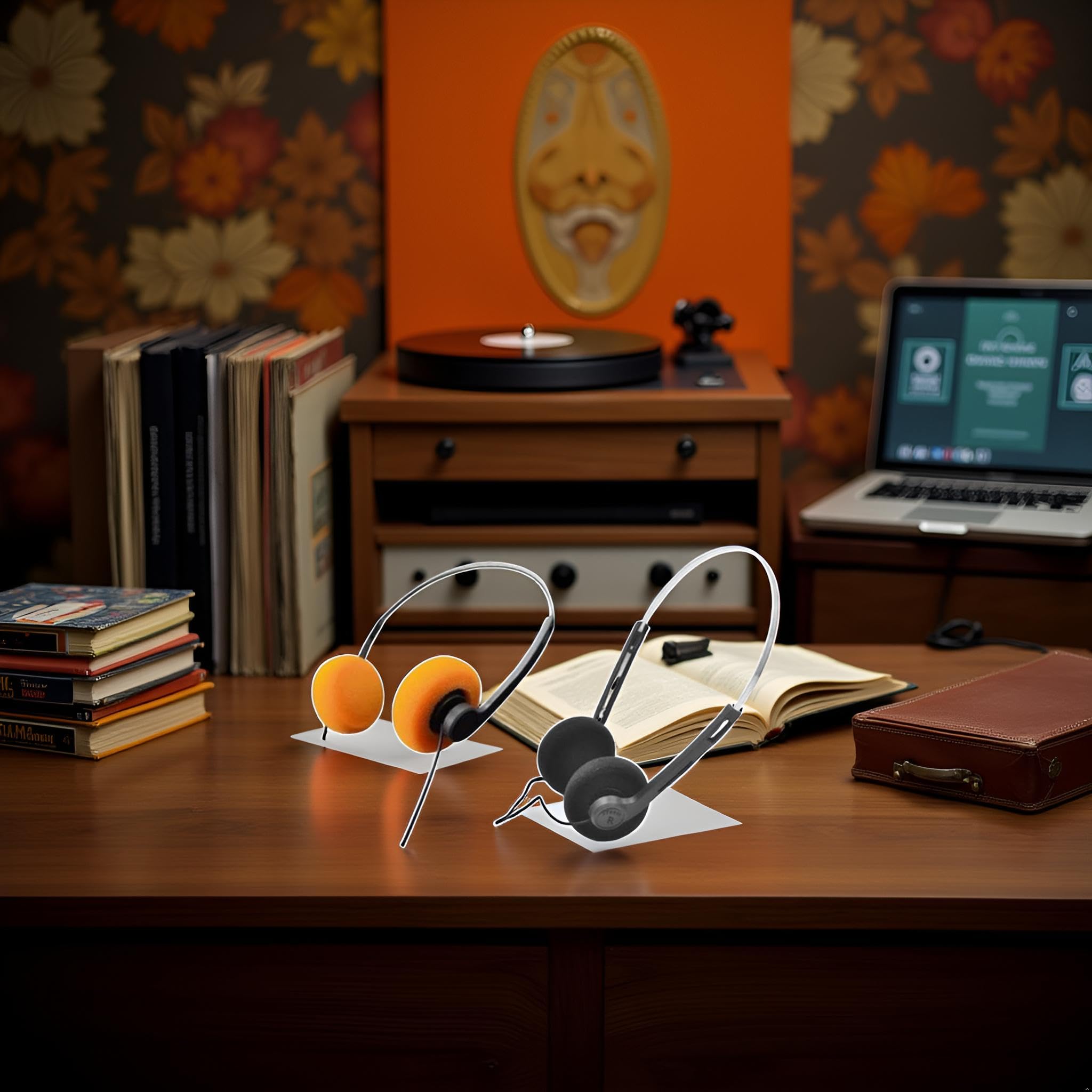 2 szt. retro słuchawki douszne, przewodowe słuchawki stereo, słuchawki, lekkie przenośne słuchawki z regulowaną opaską na głowę, magnetofonem, nauszne (pomarańczowe i czarne)