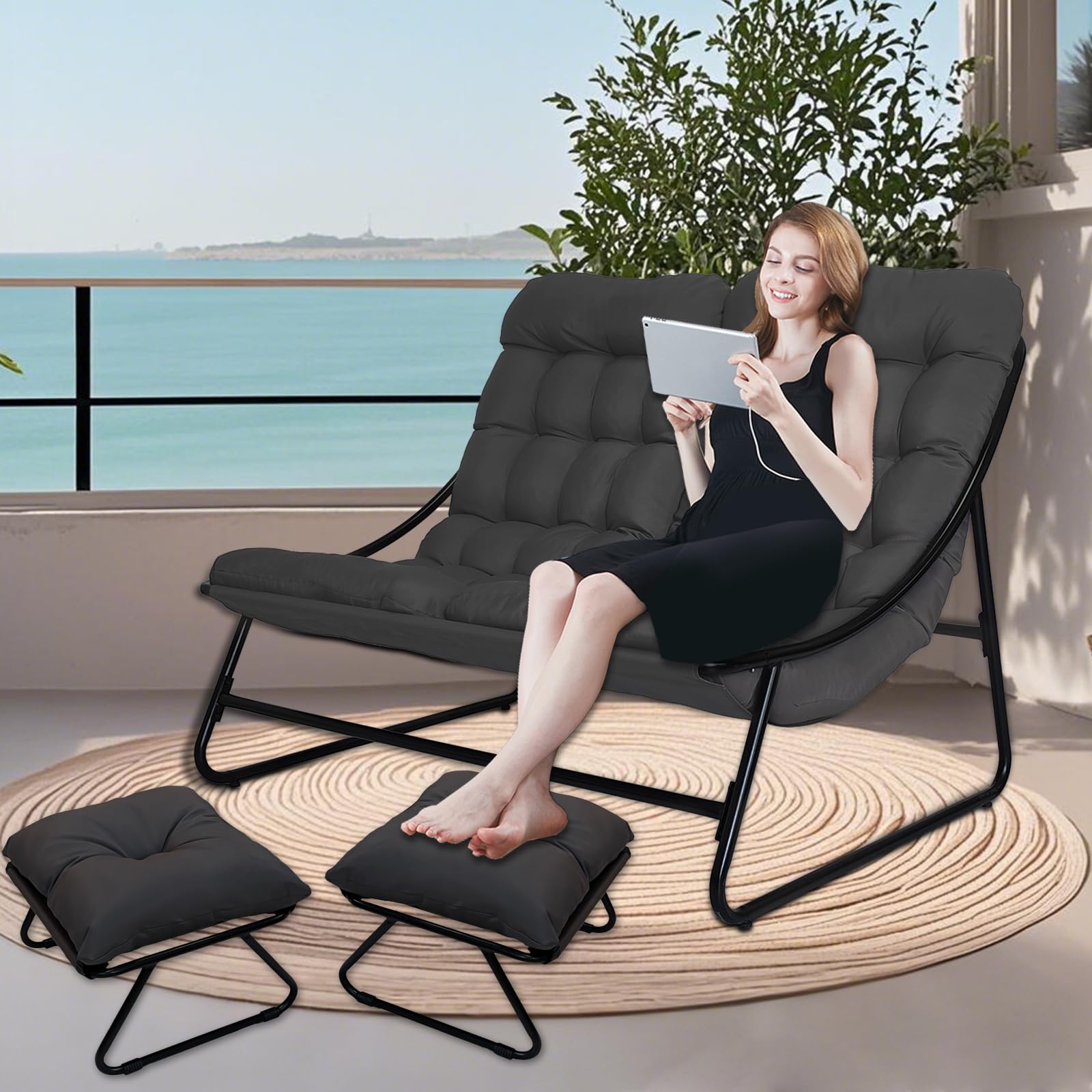 Sillón de salón para exteriores, sillón doble para exteriores, con cojín de 8 cm extraíble, tumbona de jardín para 2 personas, sillón de relax para jardín, terraza (negro/con 2 taburetes)