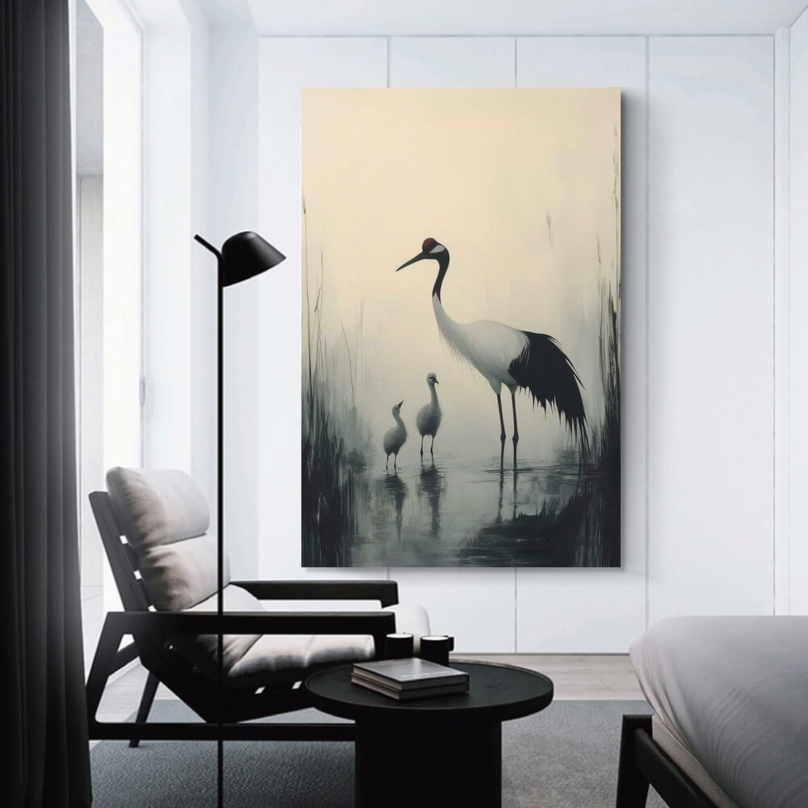 Junmoney Crane Family in Misty Waters Wall Art Print 20x30inch(50x75cm), for Art Walls, Layered Displays Or Homes, Wall Decor Suited to Curated Displays