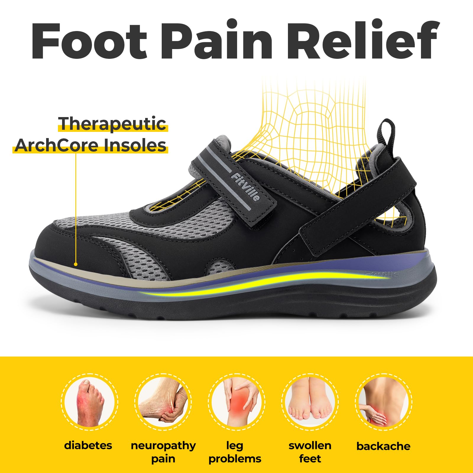 FitVille Scarpe Donna per Piedi Larghi Sandali Comodi e Traspiranti Scarpe da Passeggio con Supporto dell'Arco Plantare