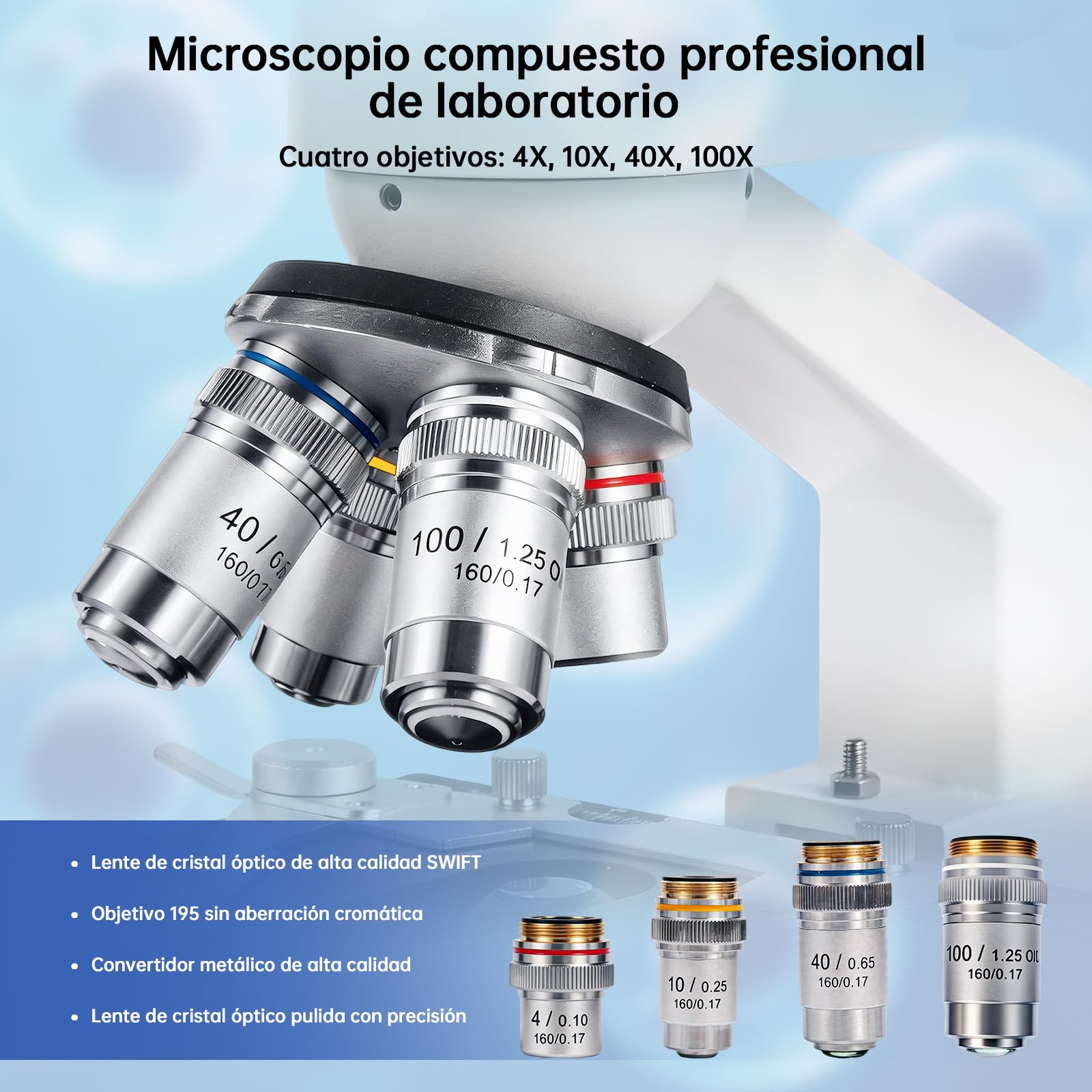 SWIFT SW320B Microscopio Binocular Profesional Compuesto de Laboratorio | 40X-5000X, soporte para teléfono y accesorios para experimentos, cuerpo de metal para adultos y estudiantes