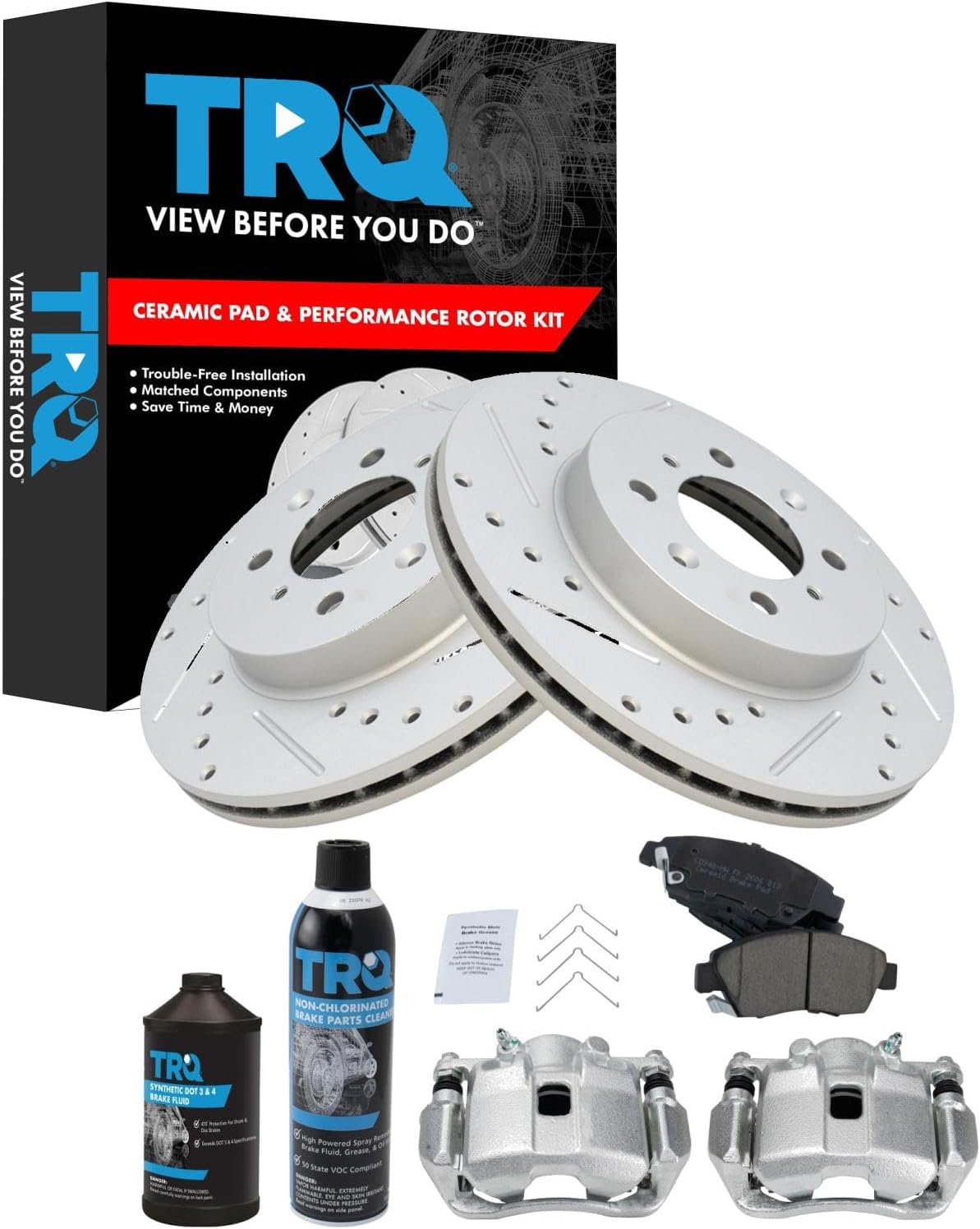 TRQ Front Performance Brake Pad & Rotor Kit Brake Caliper Brake Chemical Kit Brake Pads Brake Rotors Set Ceramic Premium G-Coated Compatible with 2009-2013 Honda Fit