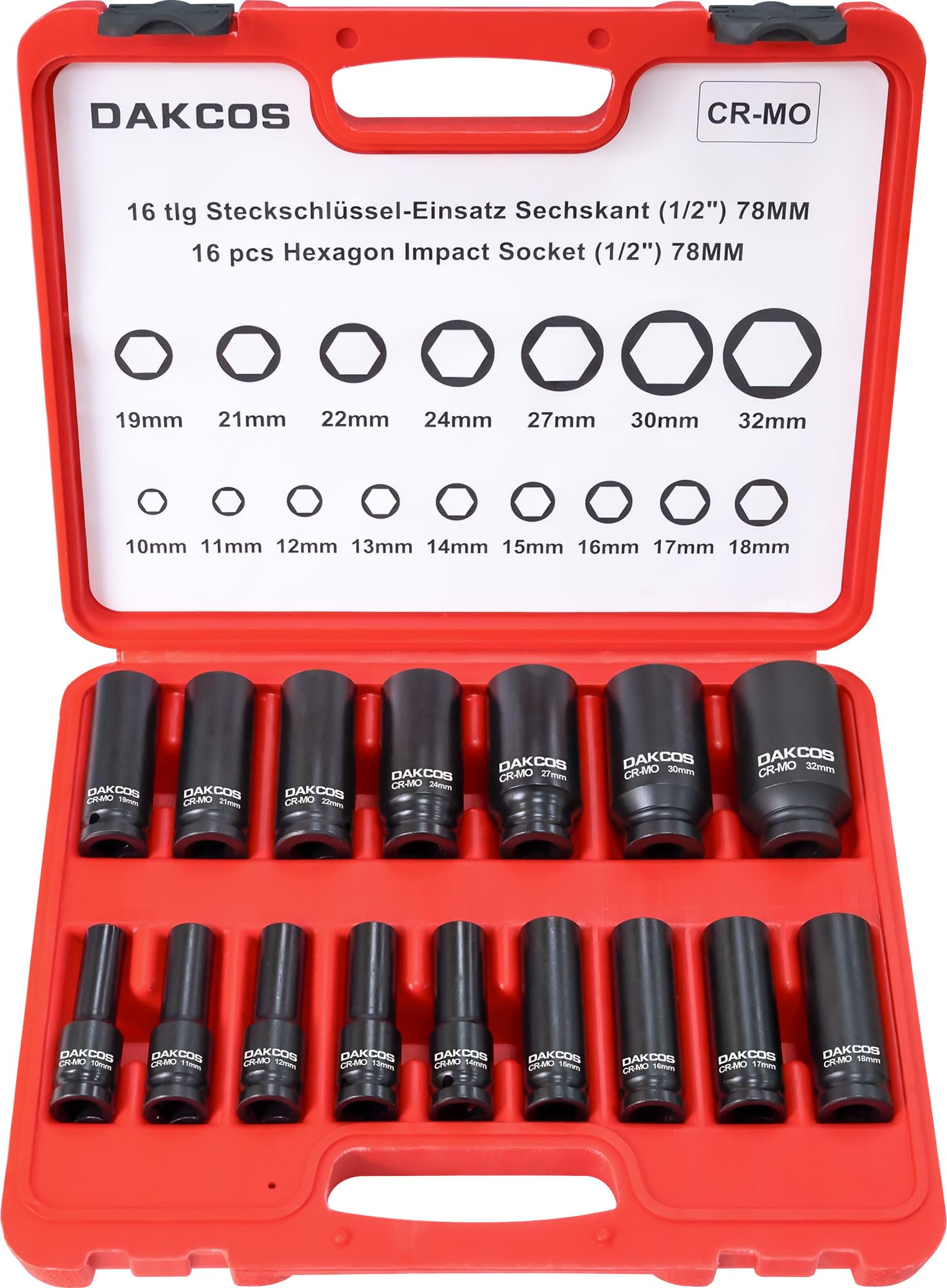DAKCOS 16 Pezzi di Bussole Esagonali 1/2", Metriche Esagonale 10-32 mm | Set Bussole a Impatto Profondo Prese,Cr-Mo