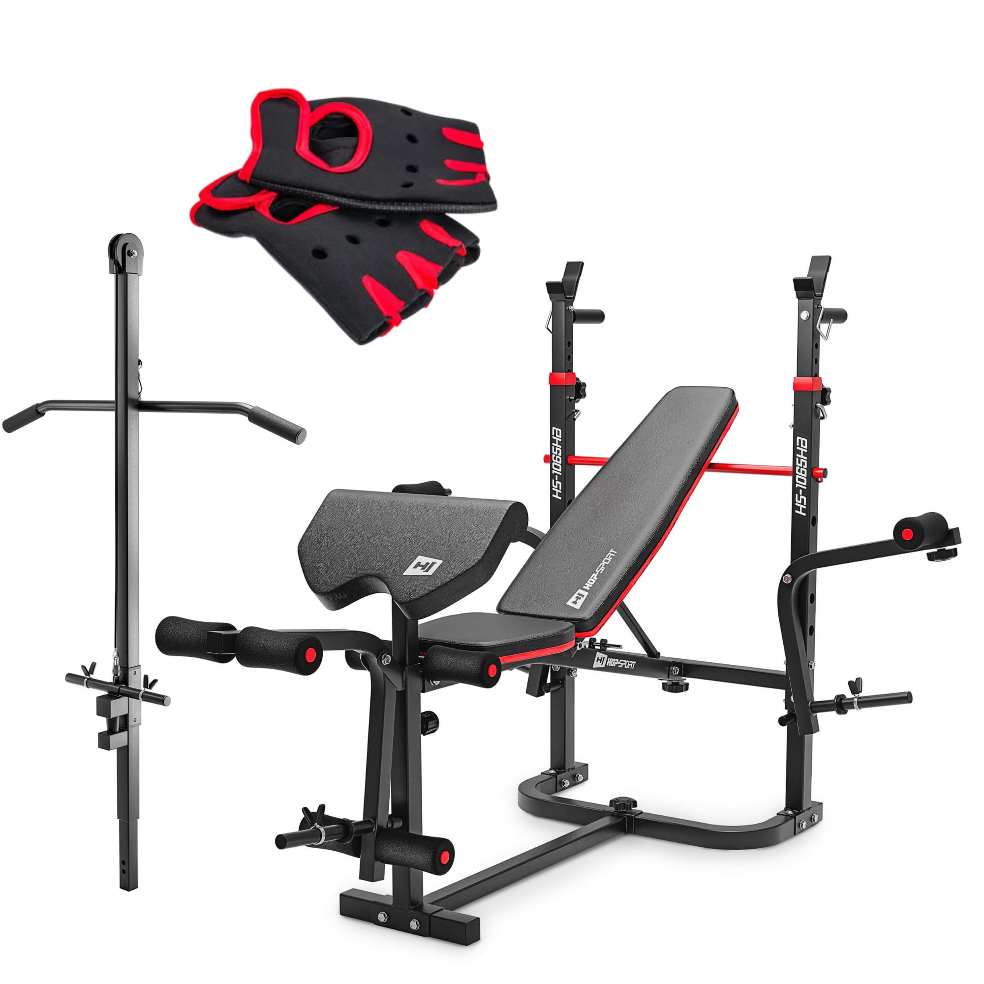 HOP-SPORT® Banc de Musculation Pliable Inclinable avec Poulie Haute, Banc d'entraînement Complet, Support d'haltères et Presse à Jambes, Multifonction pour Le Développé Couché avec Papillon au Choix