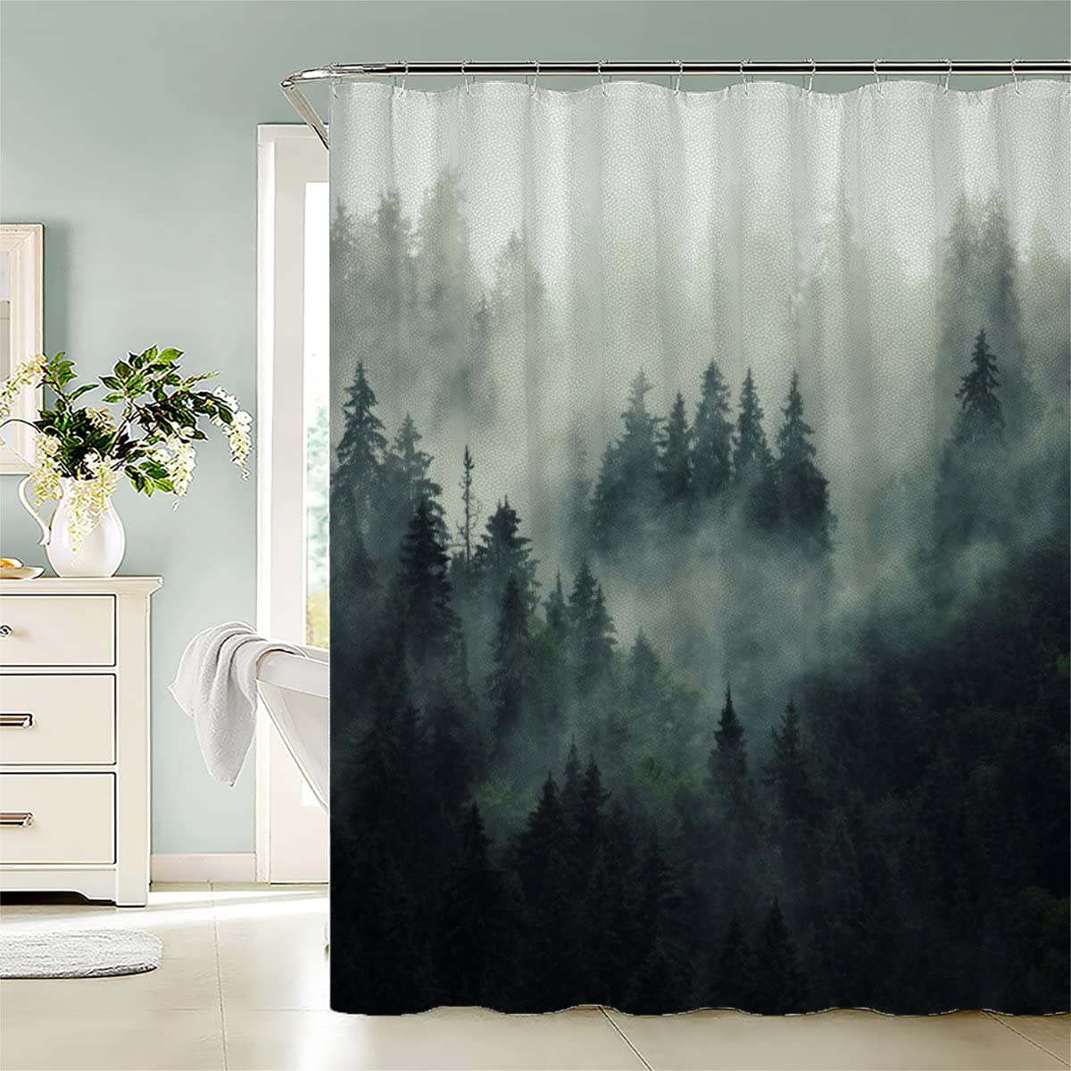 AASIRA Cortina de ducha antimoho de Tannenwald, 120 x 180 cm, para baño, bañera, impermeable, retro, bosque, poliéster, lavable, cortina de baño con 12 ganchos