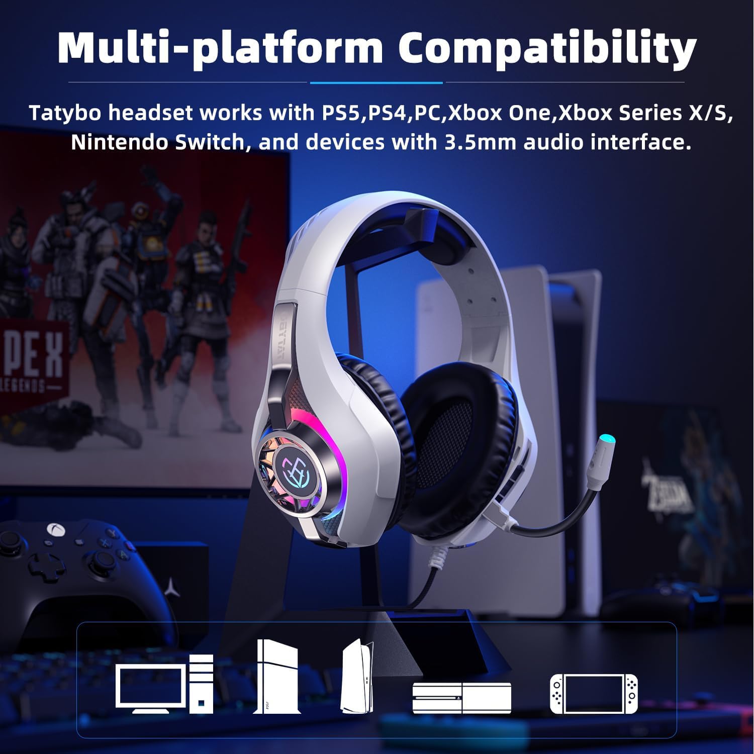 Casque de jeu pour PC, PS5, Switch, mobile, casque de jeu pour Nintendo avec micro antibruit, son stéréo basses profondes