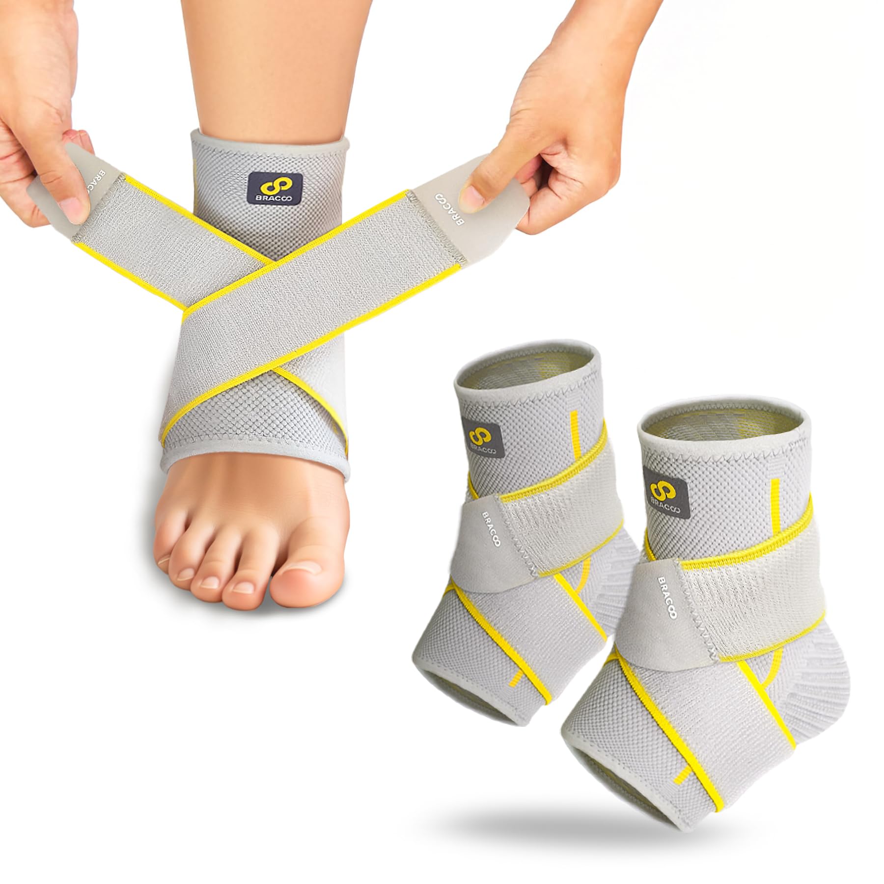 Bracoo FS60 Sprunggelenkbandage 2 Stück, Einstellbares Bandage Fußgelenk, Professionelle Knöchelbandage für Plantarfasziitis, Arthritis, ACL, Gelenkschmerzen, Fersensporn