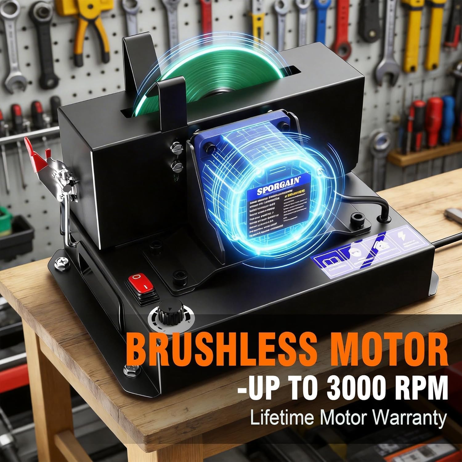 SporGain Lawn Mower Blade Sharpener, Brushless Motor 3000RPM Blade Grinder with Lifetime Motor Warranty, 7" Ceramic Wheel with 20 Sanding Discs for High Lift, Low Lift, Gator & Flat Blades