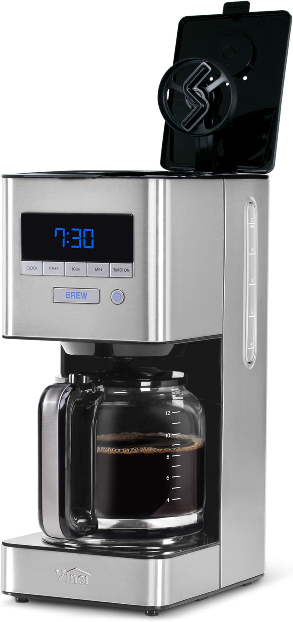 Vinci Auto Pour Over Drip Coffee Maker | 12 Cup Programmable with Glass Carafe and Spinning Spray Head, Stainless Steel