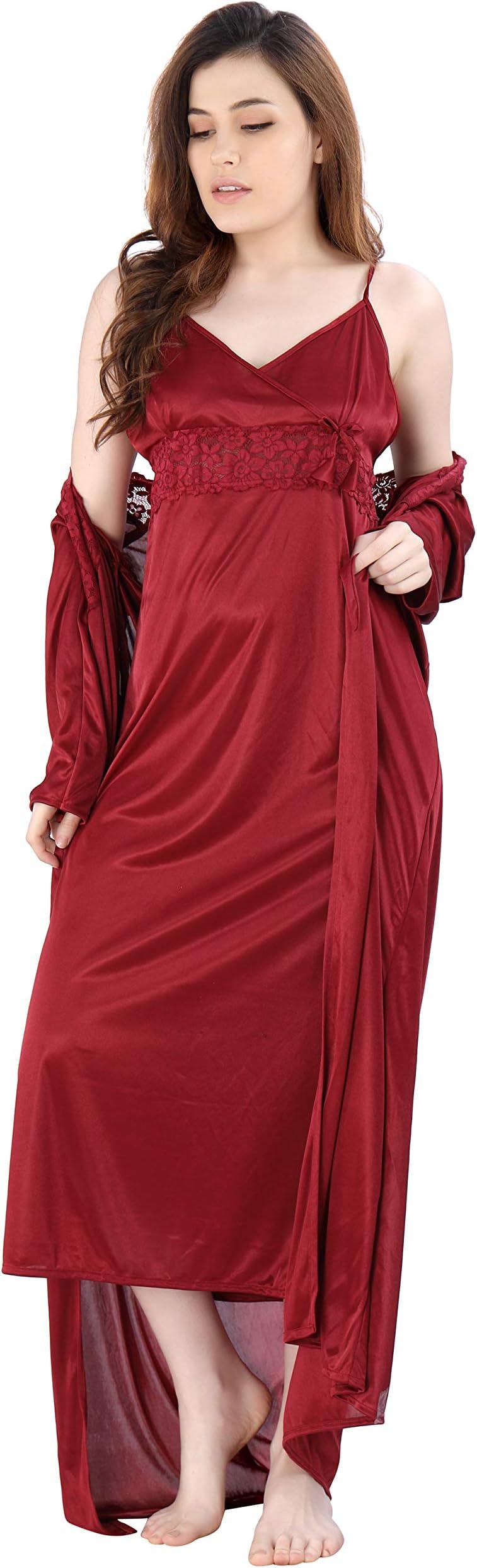 Women's Satin Solid Maxi Length Nighty with Robe (Size - Free Size) (Nightwear Set Pack of 2)