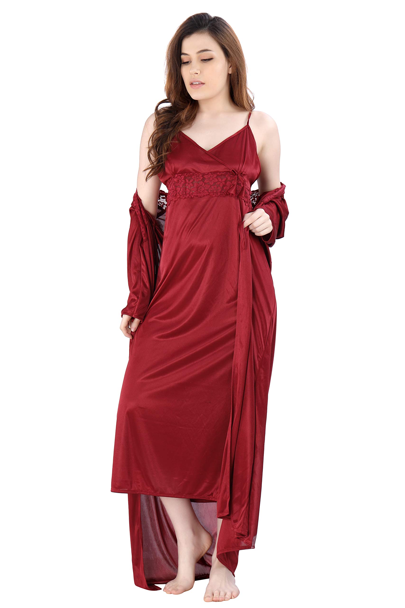 Women's Satin Solid Maxi Length Nighty with Robe (Size - Free Size) (Nightwear Set Pack of 2)