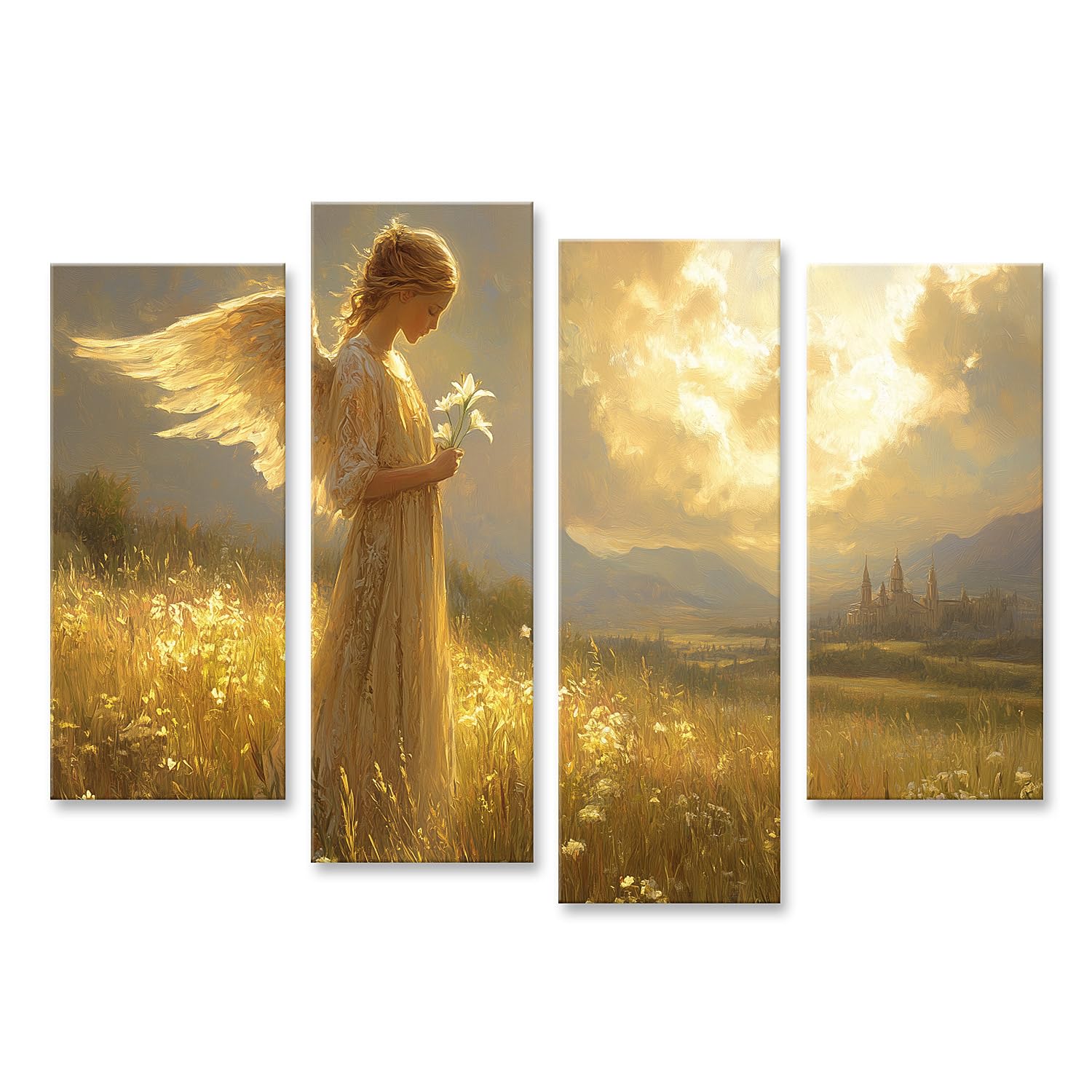 islandburner Quadro su tela Un angelo in un campo d'oro al tramonto immagini murali poster