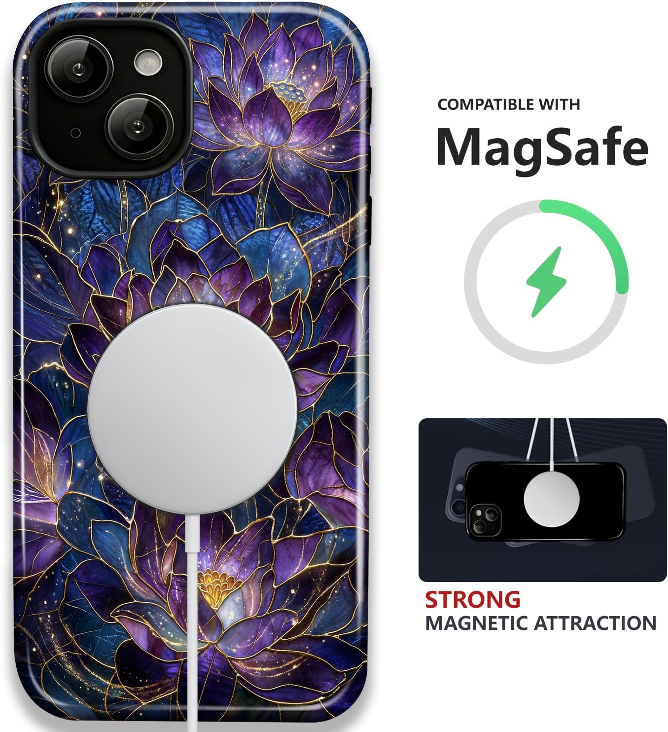 Magnetic for iPhone 13 Pro Case Cute - Wireless Charging Compatible - Dual-Layer Hard Shell + Silicone Cover - Aesthetic Protective Phone Case for Women-Purple Lotus Floral image 2
