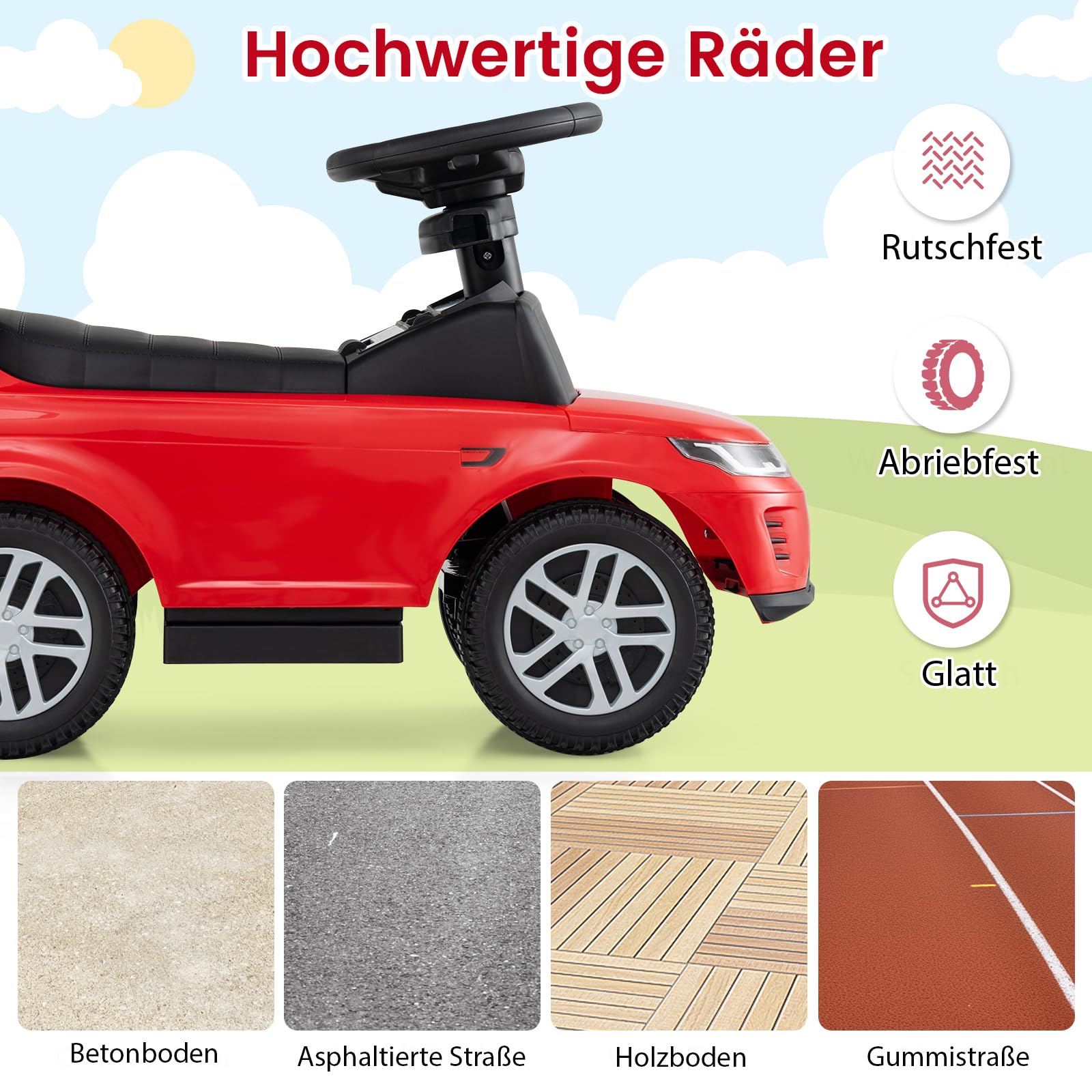 DREAMADE 3 in 1 Kinder Rutschauto, Schiebeauto mit abnehmbare Schiebestange, Kinderfahrzeug mit einziehbare Fußstütze, Kippschutz, Hupe, Stauraum, Rutschfahrzeug für Kinder ab 1 Jahr (Rot)