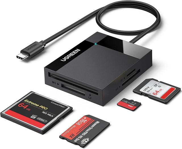 UGREEN SD Card Reader, 4-IN-1 USB C to SD CF TF MS Card Adapter, 5Gbps High-Speed Camera Memory Cards Reader,4 Cards Reading Simultaneously for SDHC, SDXC, Micro SD, Micro SDXC, MS Pro, CF