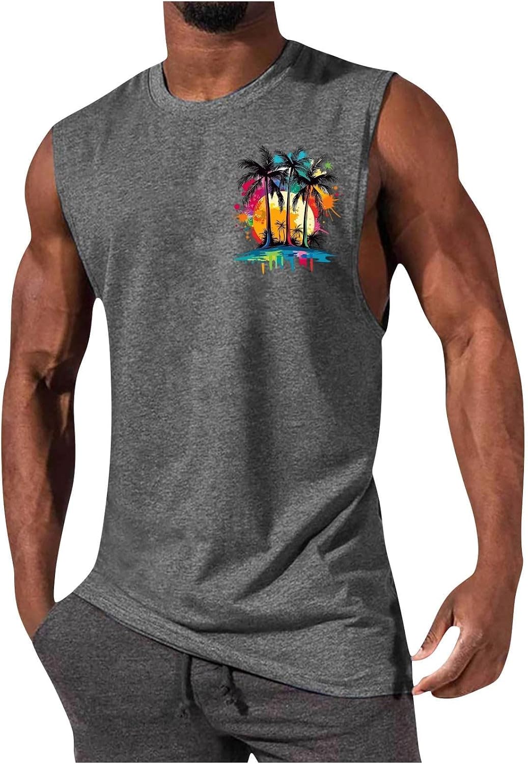 Mens Graphic Tank Tops Summer Crew Neck Sleeveless Shirts Trendy Palm Tree Cut Off Tees Plus Size Fashion Clothing