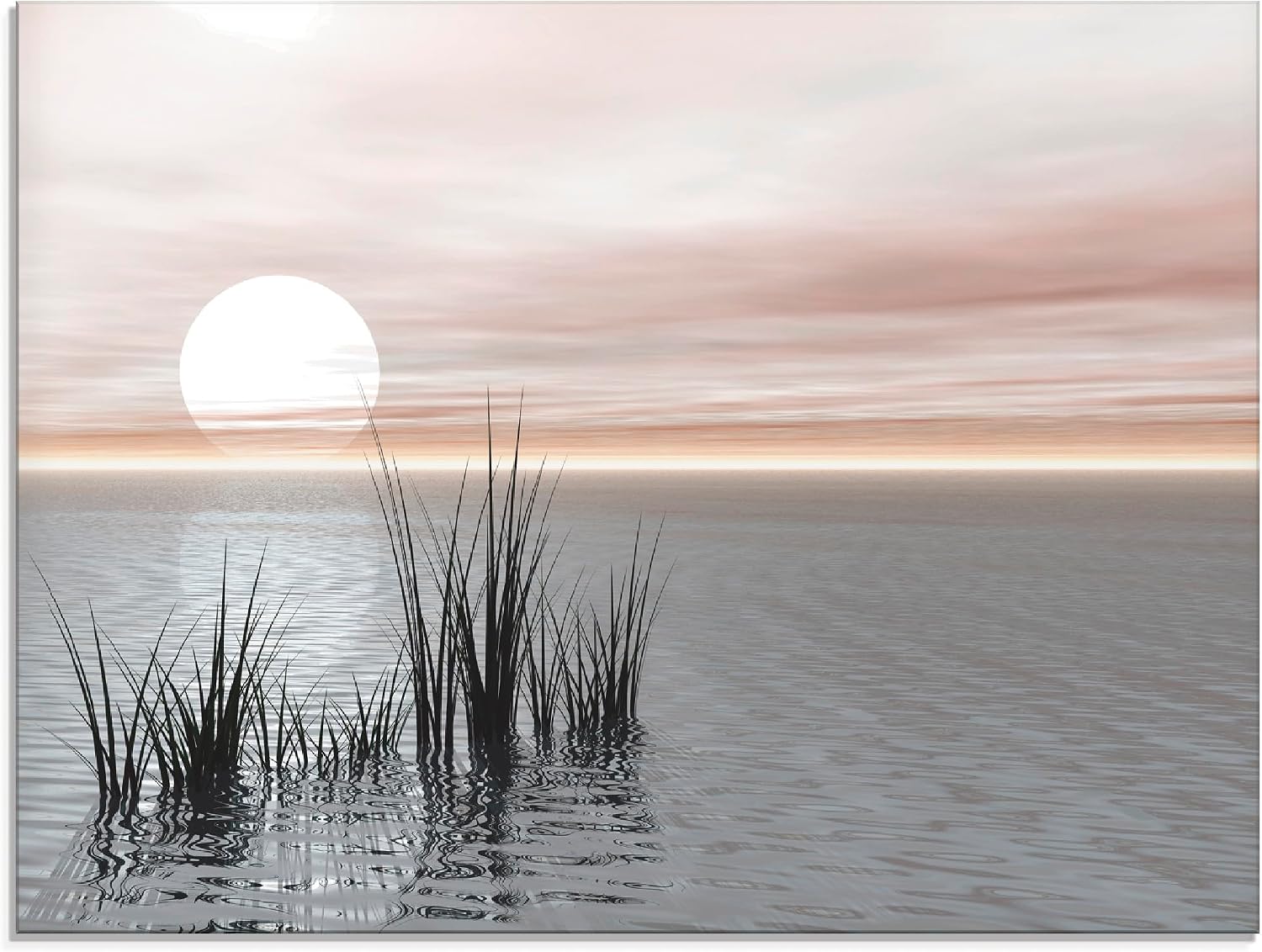 ARTland S5RM Wall Decoration Glass Picture One Piece 80 x 60 cm Landscapes Idyll Sea Lake Grasses Reeds Sun Sunset